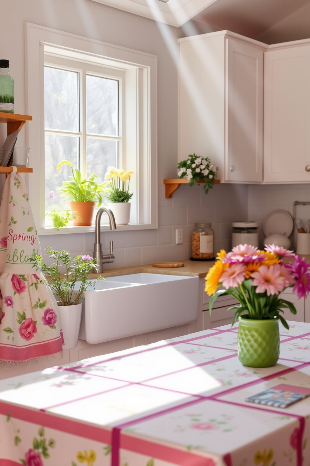 A bright and cheerful kitchen adorned with spring-themed towels and linens. The space features pastel-colored accents, with floral patterns on the towels and tablecloth, creating a fresh and inviting atmosphere. Sunlight streams through the windows, illuminating the vibrant colors of the decor. Potted herbs and a vase of seasonal flowers add a touch of nature to the kitchen, enhancing the overall spring ambiance.