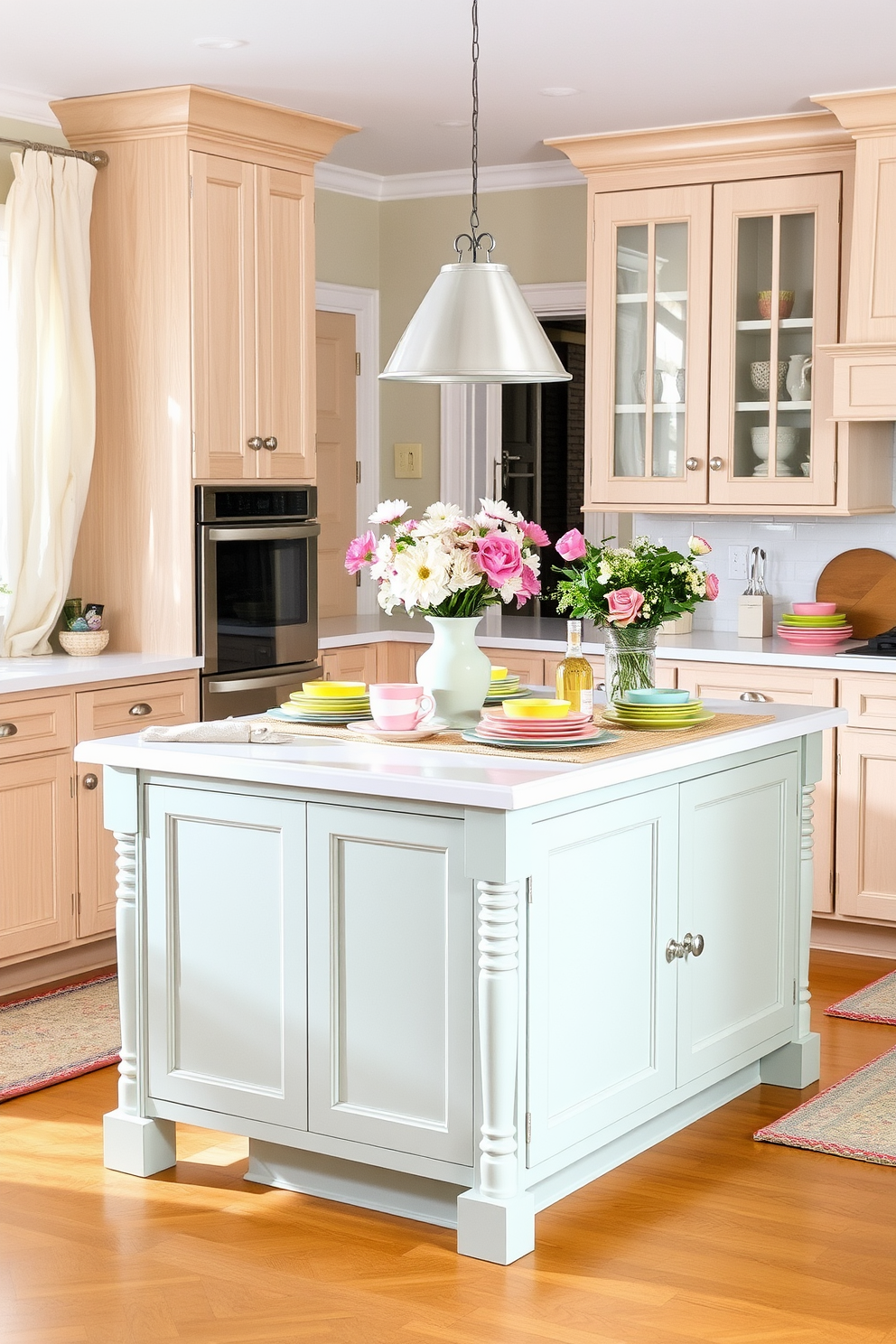 A painted kitchen island in soft hues creates a serene focal point in the heart of the home. Surrounding the island, light wood cabinetry and white countertops enhance the airy atmosphere, making the space inviting and warm. Spring kitchen decorating ideas include fresh flowers in pastel vases and vibrant dishware that add a cheerful touch. Soft textiles, such as light linen curtains and colorful placemats, complement the overall design while bringing in seasonal charm.