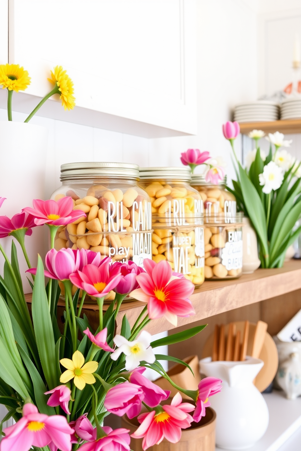 A bright and cheerful kitchen filled with decorative jars showcasing seasonal treats. The jars are arranged on a rustic wooden shelf, surrounded by vibrant spring flowers in bloom.