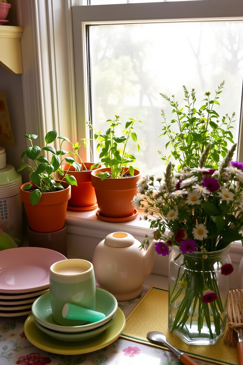 Charming herb garden on windowsill with fresh basil, rosemary, and thyme in terracotta pots. Sunlight streams through the window, highlighting the vibrant green leaves and creating a warm, inviting atmosphere. Spring kitchen decorating ideas featuring pastel-colored dishware and floral accents. A cheerful table setting includes a bouquet of wildflowers in a glass vase and colorful linens to enhance the seasonal vibe.