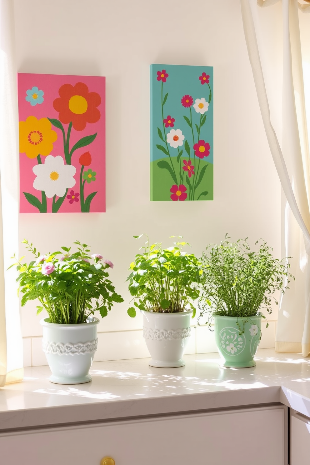 Colorful wall art featuring spring motifs brightens up the kitchen space. The vibrant colors and floral designs create a cheerful atmosphere, making the kitchen feel lively and inviting. Spring kitchen decorating ideas include fresh herbs in decorative pots on the windowsill. Light and airy curtains allow natural light to flood in, enhancing the overall brightness of the room.