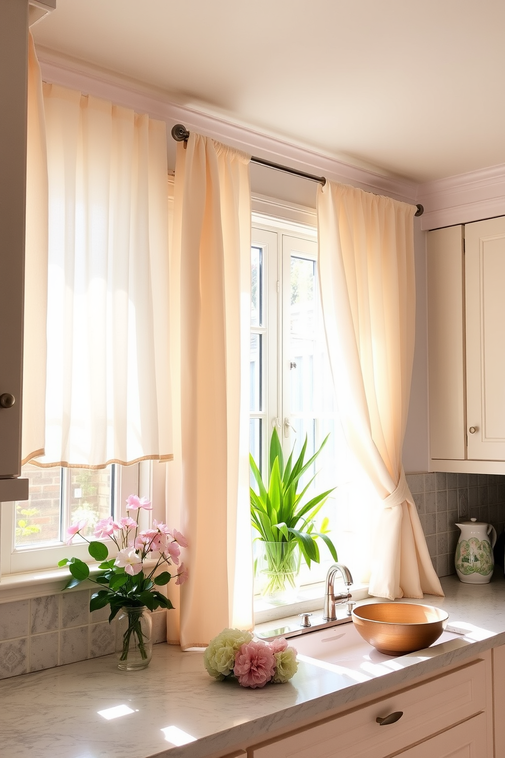 A bright and inviting kitchen adorned with lightweight curtains in airy fabrics that gently flutter in the breeze. The curtains are a soft pastel color, complementing the fresh spring decor with floral accents on the countertops and vibrant green plants in the window.