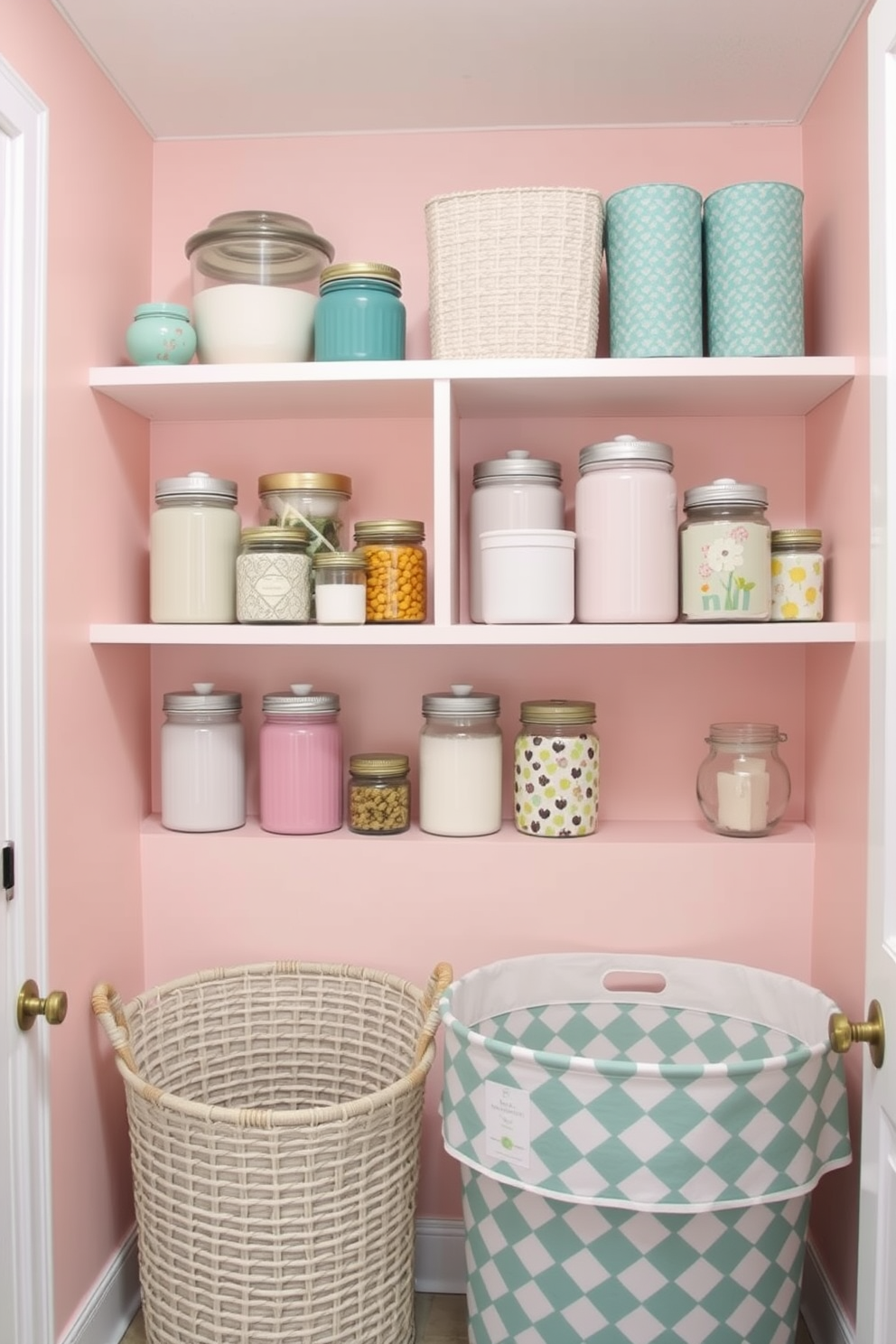 A bright and cheerful laundry room features decorative storage jars in various sizes and colors arranged on open shelving. The walls are painted in a soft pastel hue, and a stylish laundry basket sits in the corner, adding a touch of charm to the space.