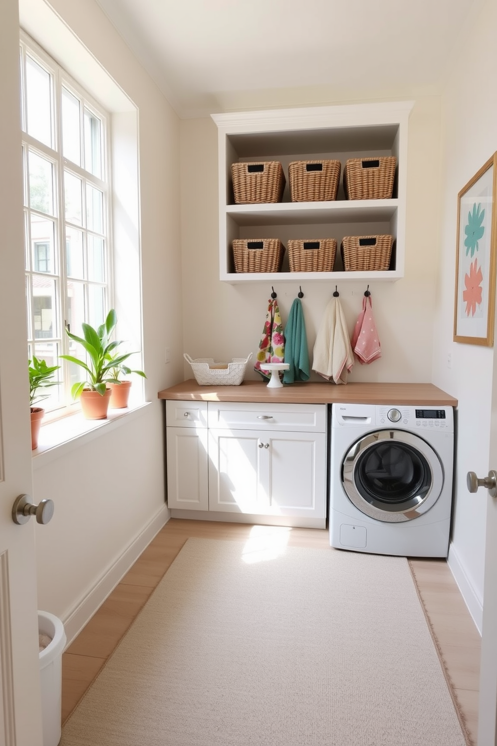 A bright and airy laundry room features a spacious countertop for folding clothes, with open shelving above displaying neatly organized baskets. The walls are painted in a soft pastel hue, and a stylish rug adds warmth and texture to the space, complementing the overall decor. A large window allows natural light to flood in, highlighting the fresh greenery of potted plants placed on the windowsill. Decorative hooks on the wall hold colorful towels, while a cheerful art piece adds a touch of personality to the room.