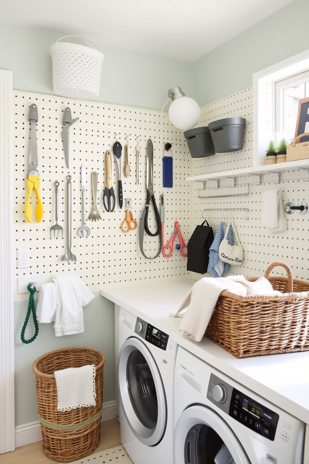 A bright and airy laundry room features a pegboard wall painted in soft pastel colors, neatly organized with various tools and accessories for an efficient workflow. The room includes a spacious countertop for folding clothes, and a stylish wicker basket is placed nearby for sorting laundry.