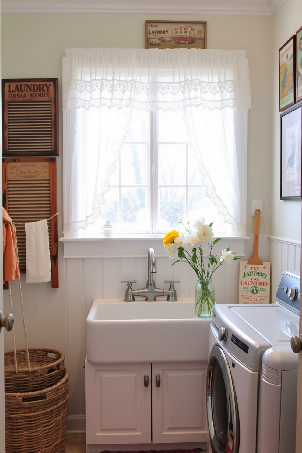 A charming laundry room adorned with vintage decor accents. The walls are painted in soft pastel colors, complemented by an antique wooden washboard and a collection of vintage laundry posters. A rustic farmhouse sink sits beneath a window, framed by lace curtains. Woven baskets for storage and a retro-style washing machine add to the nostalgic atmosphere, while fresh flowers in a mason jar bring a touch of spring.