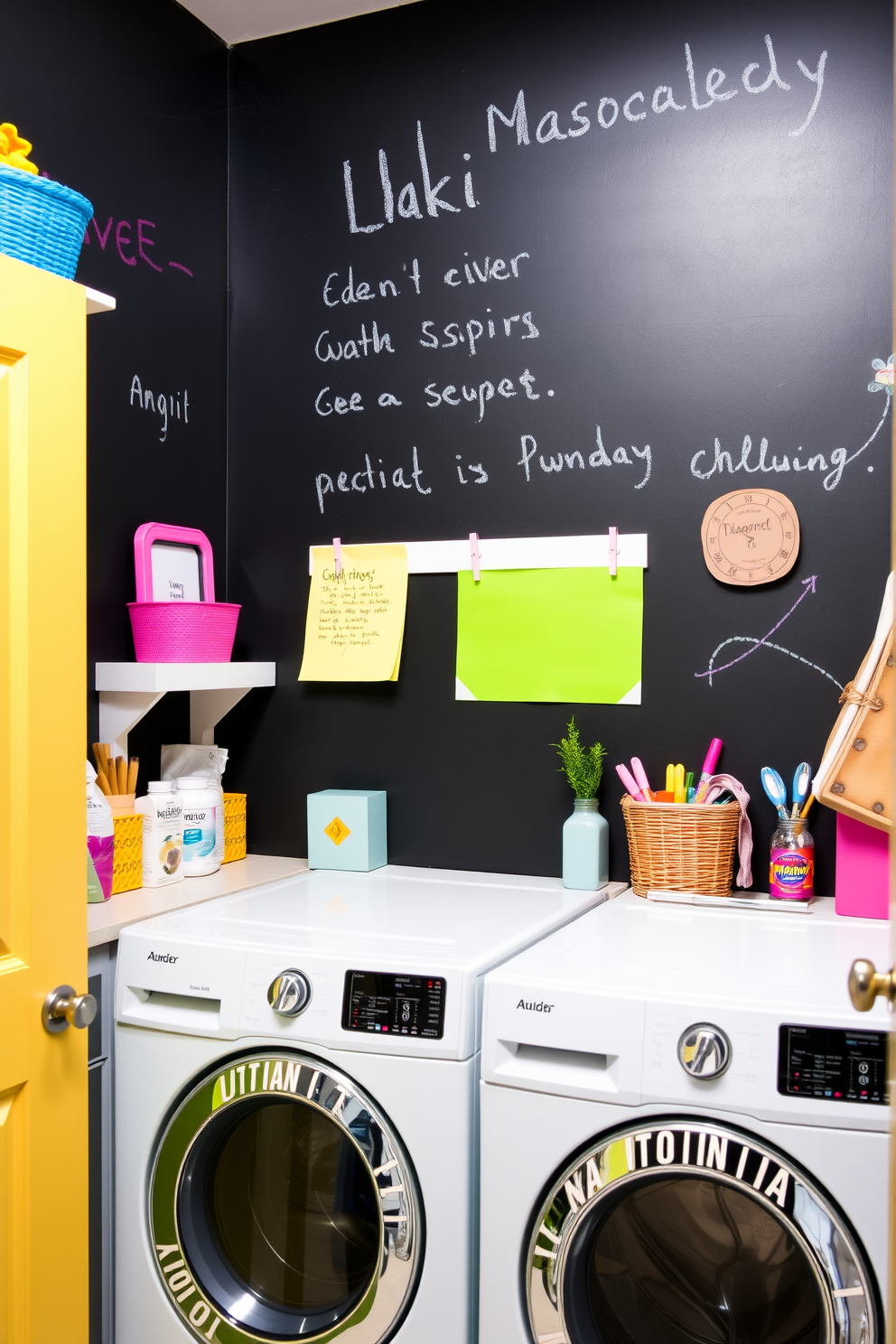 A bright and cheerful laundry room features a chalkboard wall that serves as a functional and artistic element. The space is filled with vibrant colors, including pastel cabinetry and playful decor items that inspire creativity and organization.