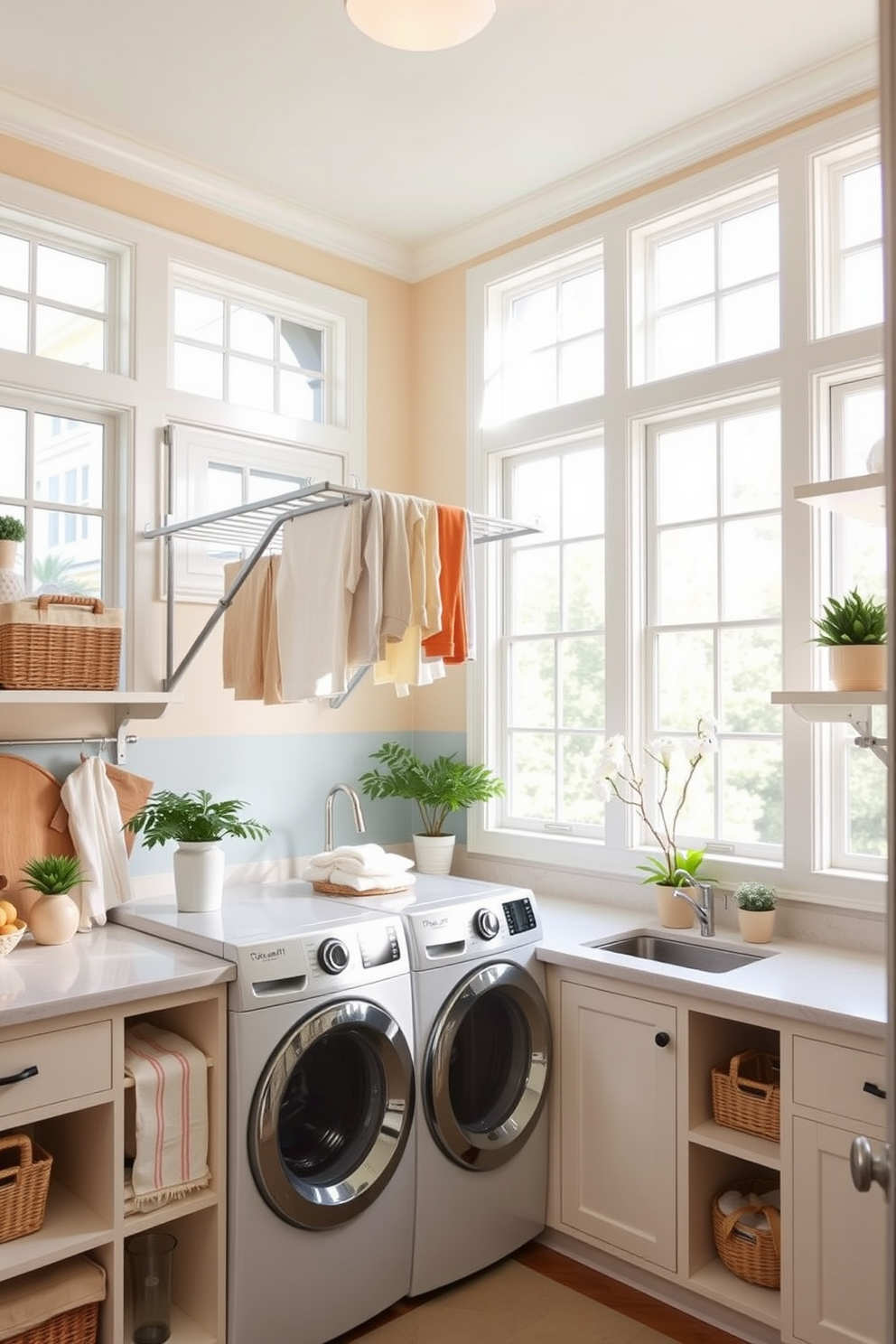 A bright and airy laundry room featuring a fold-down drying rack mounted on the wall. The space is adorned with cheerful pastel colors, and large windows allow natural light to flood in, creating an inviting atmosphere. The room includes a spacious countertop for folding clothes, complemented by open shelving for storage. Decorative baskets and potted plants add a touch of warmth and personality to the functional space.