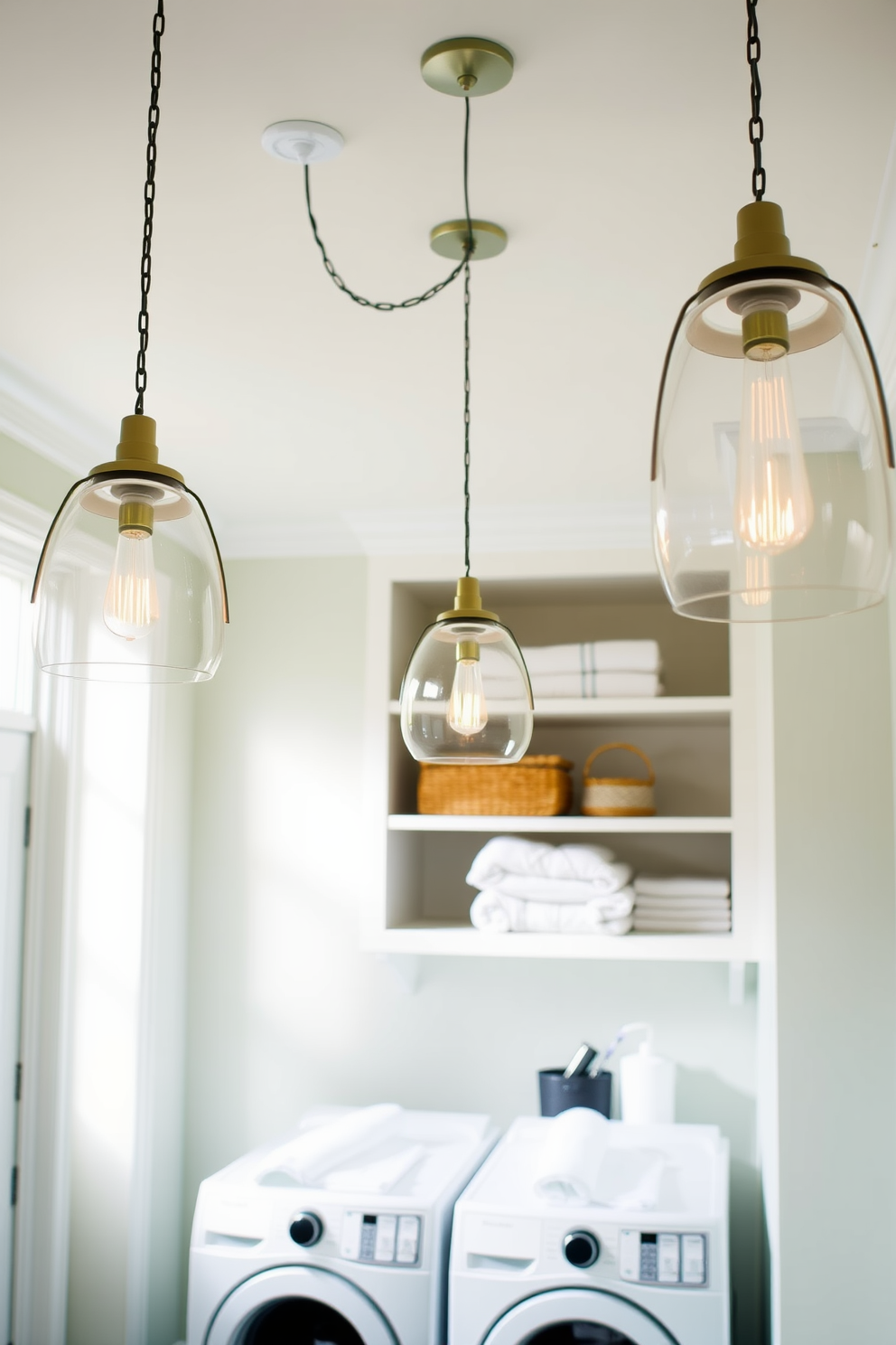 A bright and airy laundry room features stylish pendant lighting fixtures hanging gracefully from the ceiling. The walls are painted in a soft pastel hue, and the space is organized with open shelving displaying neatly folded towels and laundry essentials.