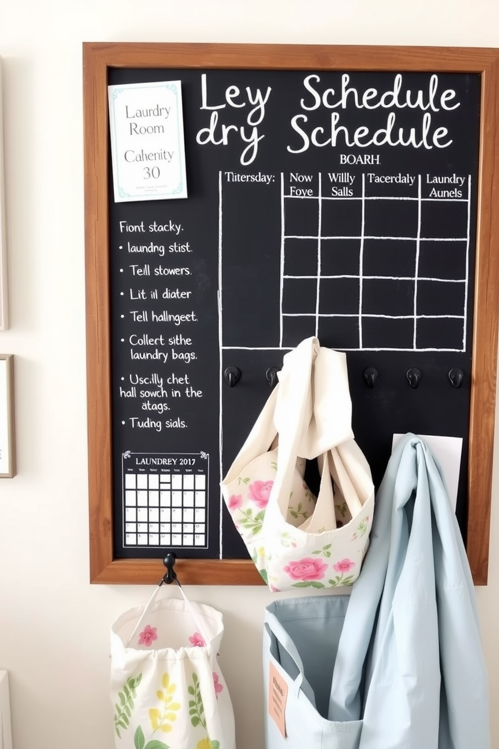 Create a laundry schedule board that features a large chalkboard surface framed in rustic wood. The board includes sections for daily tasks, a color-coded calendar, and hooks for hanging laundry bags. Spring Laundry Room Decorating Ideas should incorporate bright pastel colors and floral patterns. Add decorative storage baskets and wall art that reflect the fresh and vibrant essence of the season.