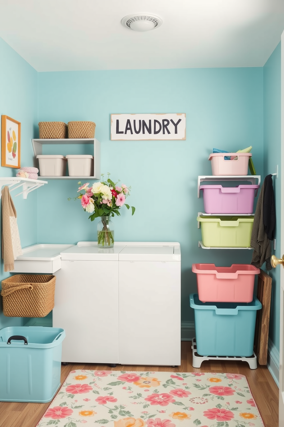 A cheerful laundry room filled with vibrant colors and playful decor. A fun laundry sign hangs prominently on the wall, surrounded by pastel-colored storage bins and fresh flowers in a vase. The walls are painted in a soft sky blue, creating a bright and inviting atmosphere. A cozy rug in a floral pattern lies on the floor, adding warmth and charm to the space.