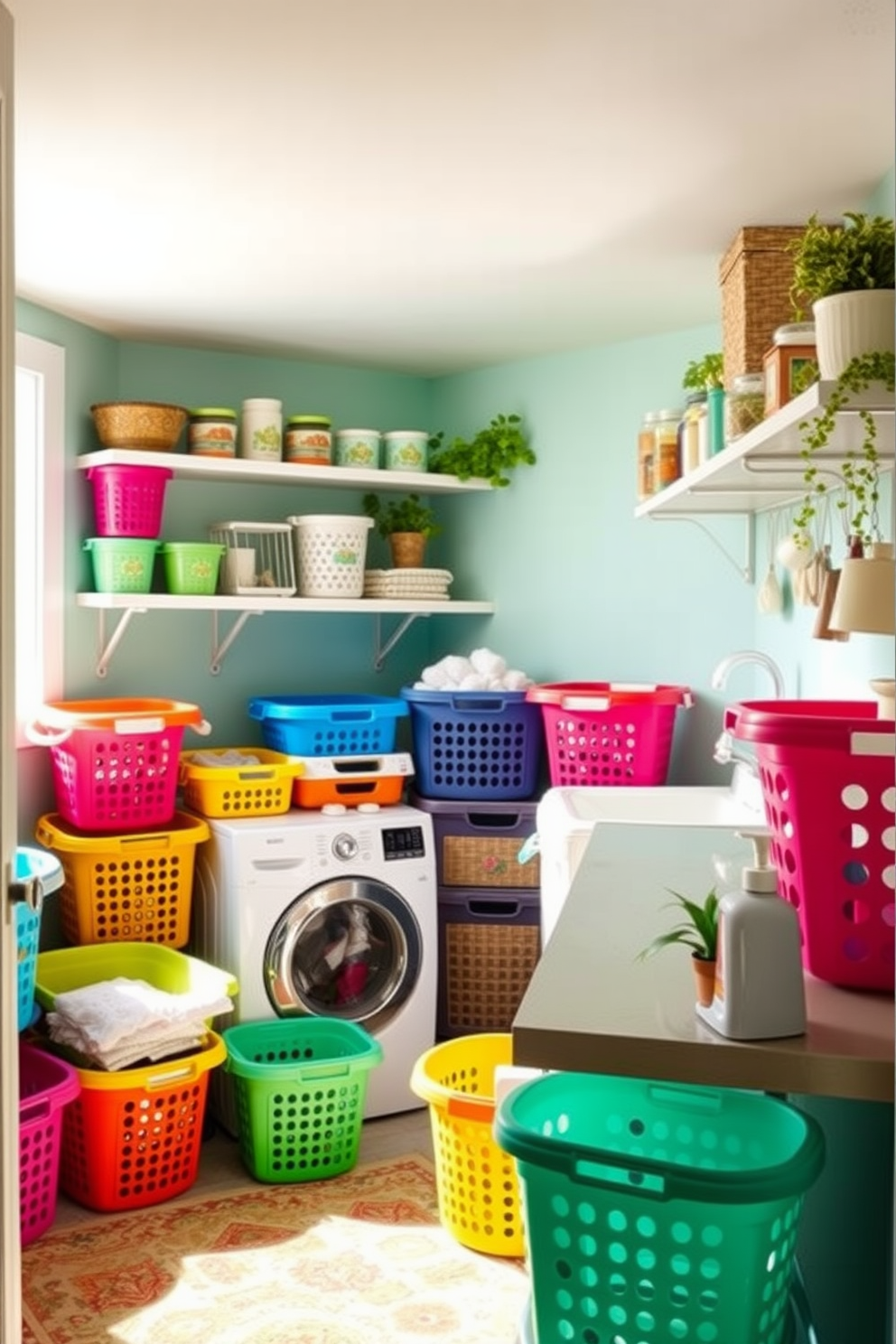 A vibrant laundry room filled with colorful laundry baskets in various sizes and patterns. The walls are painted in a fresh pastel hue, and natural light streams in through a large window, illuminating the space. A cheerful rug adds warmth to the room, while shelves are adorned with decorative jars and plants. The countertops are clutter-free, showcasing a stylish detergent dispenser and a small potted plant for a touch of greenery.