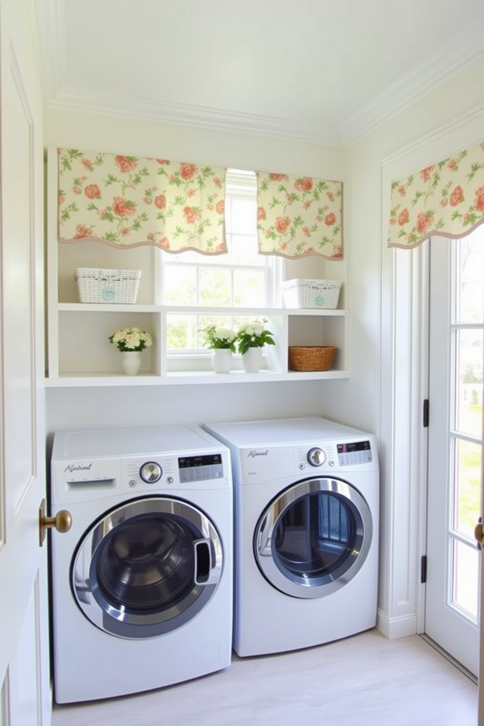 A bright and cheerful laundry room filled with natural light. The space features floral patterned curtains that frame a large window, adding a touch of spring to the decor. A white washer and dryer are neatly tucked into a built-in cabinet with open shelving above. Decorative baskets and fresh flowers on the shelves enhance the inviting atmosphere of the room.