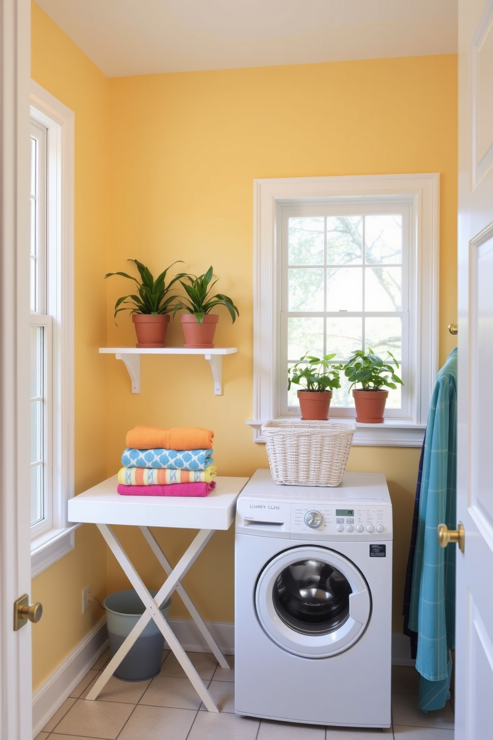 A bright and cheerful laundry room with a small folding table positioned against the wall. The walls are painted in a soft pastel yellow, and a large window allows natural light to flood the space. On the folding table, neatly stacked colorful towels and a decorative laundry basket sit invitingly. Potted plants are placed on the windowsill, adding a touch of greenery to the vibrant atmosphere.