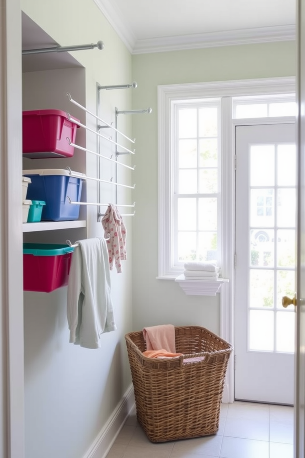 A bright and cheerful laundry room features wall-mounted drying racks that are both functional and stylish. The walls are painted in a soft pastel hue, creating a welcoming atmosphere for laundry tasks. Natural light floods the space through a large window, illuminating the neatly organized shelves filled with colorful storage bins. A vintage-style laundry basket sits in the corner, adding a touch of charm to the overall design.