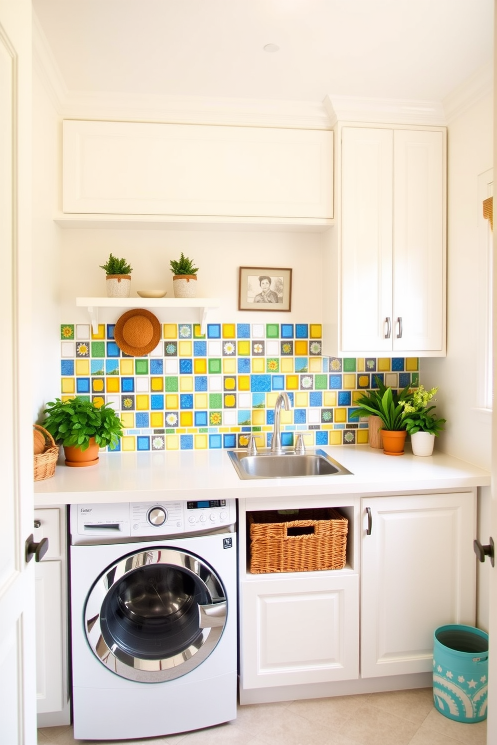 A bright and cheerful laundry room featuring a vibrant backsplash that adds a pop of color. The walls are painted in a soft white, creating a fresh and airy atmosphere. The backsplash showcases an array of colorful tiles in shades of blue, yellow, and green, creating a playful focal point. A spacious countertop is adorned with decorative storage baskets and potted plants for a touch of greenery.