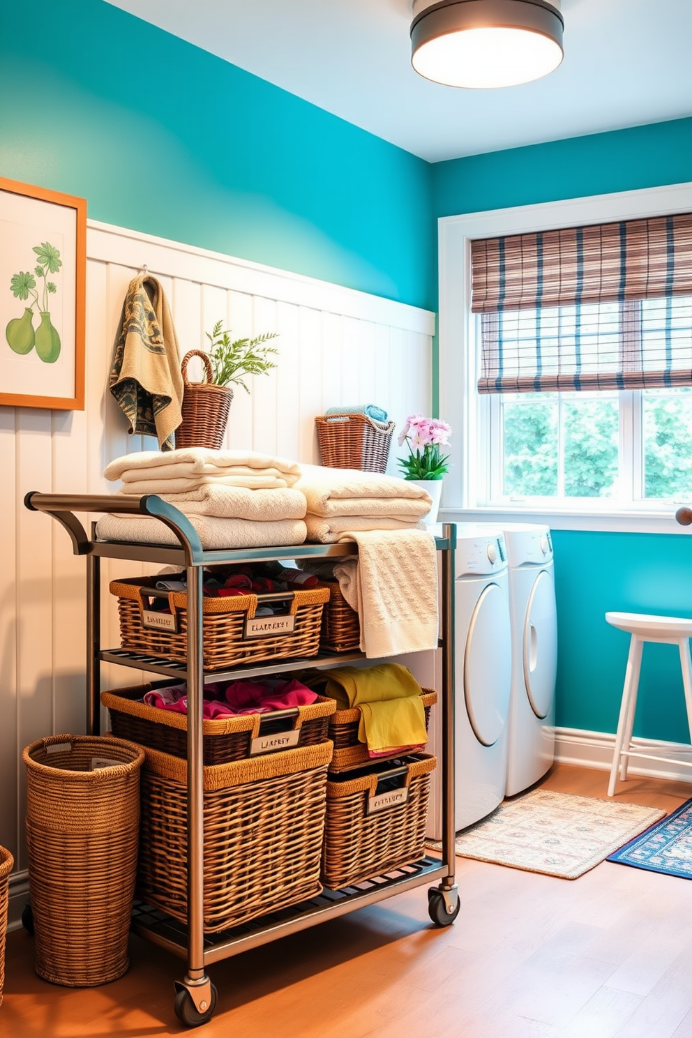 A stylish laundry room features a sleek laundry cart with a modern design, crafted from metal and wood. The cart is filled with neatly organized baskets, each labeled for easy sorting of clothes and linens. Bright, cheerful colors adorn the walls, creating a fresh and inviting atmosphere. A large window allows natural light to flood the space, illuminating the vibrant decor and adding to the overall charm.