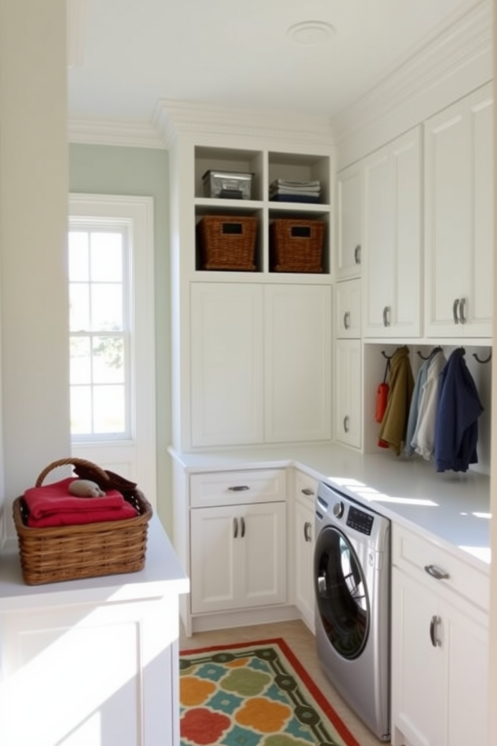 A stylish mudroom-laundry combo features a functional layout with built-in cabinetry and a spacious countertop for folding clothes. The walls are painted in a soft pastel hue, while decorative hooks and baskets provide organized storage for coats and laundry essentials. Natural light floods the space through a large window, illuminating the sleek washer and dryer tucked neatly behind cabinet doors. A cheerful rug adds a pop of color to the floor, creating a welcoming atmosphere for both laundry tasks and mudroom activities.