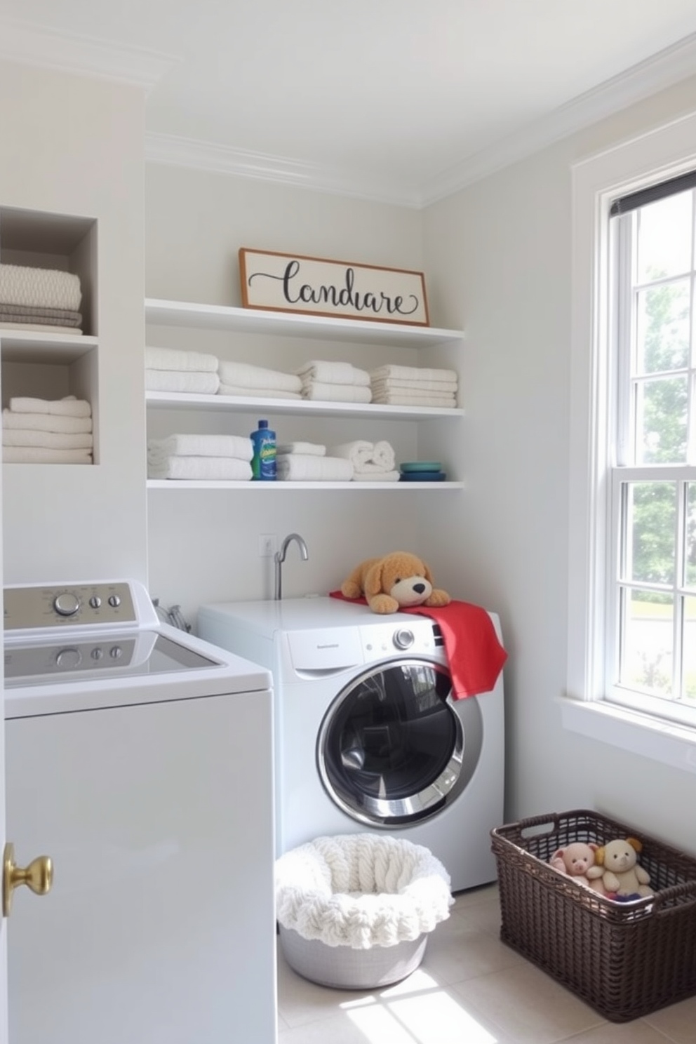 A cheerful laundry room filled with natural light. The walls are painted in a soft pastel color, and there are open shelves displaying neatly folded towels and laundry supplies. In one corner, a cozy pet space is created with a plush bed and a small basket for toys. A decorative sign hangs above the pet area, adding a playful touch to the room.