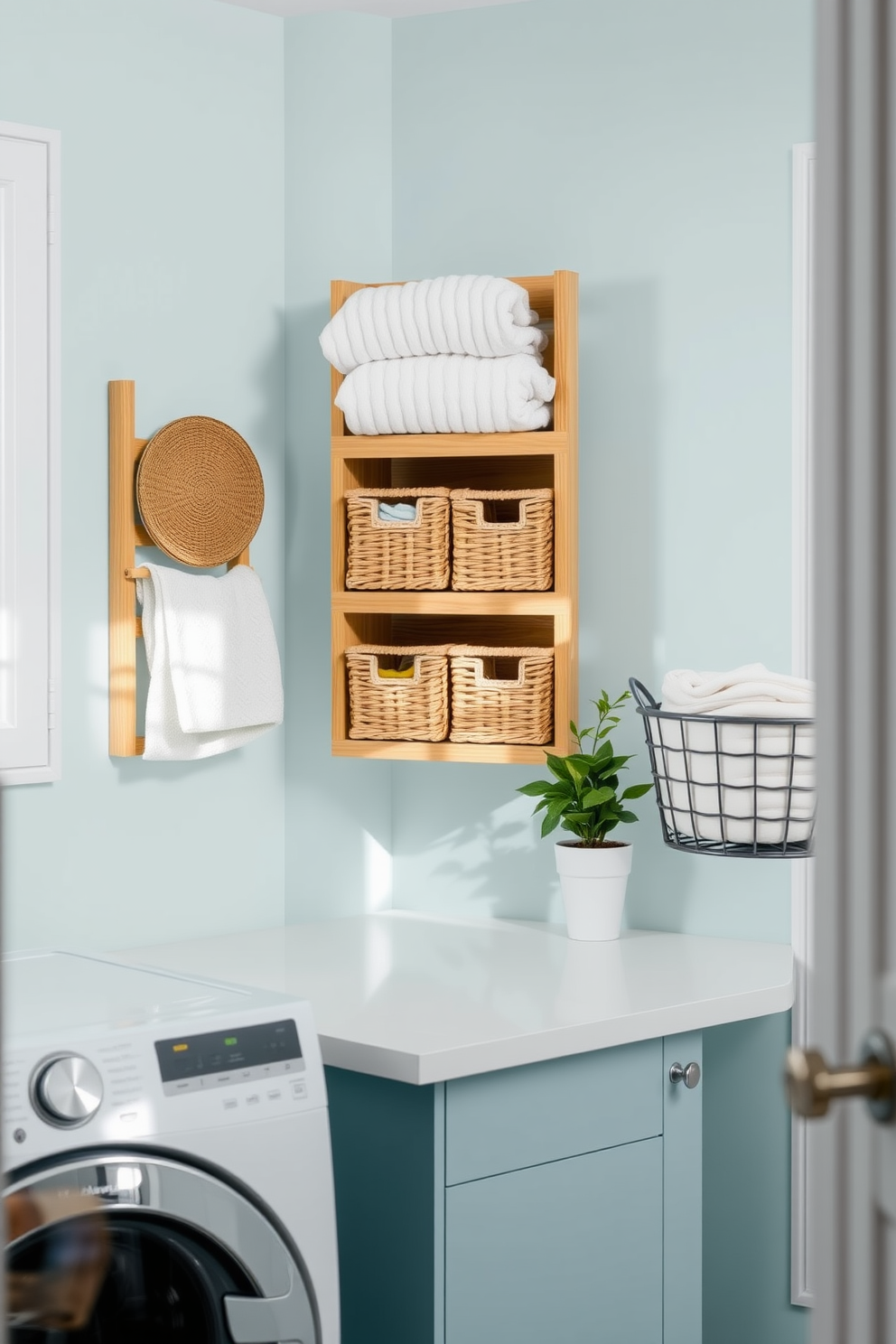 A bright and airy laundry room features a wall-mounted organizer made of natural wood, showcasing neatly arranged baskets for sorting clothes. The walls are painted in a soft pastel blue, complemented by a sleek white countertop that holds a stylish laundry basket and a potted plant for a touch of greenery.