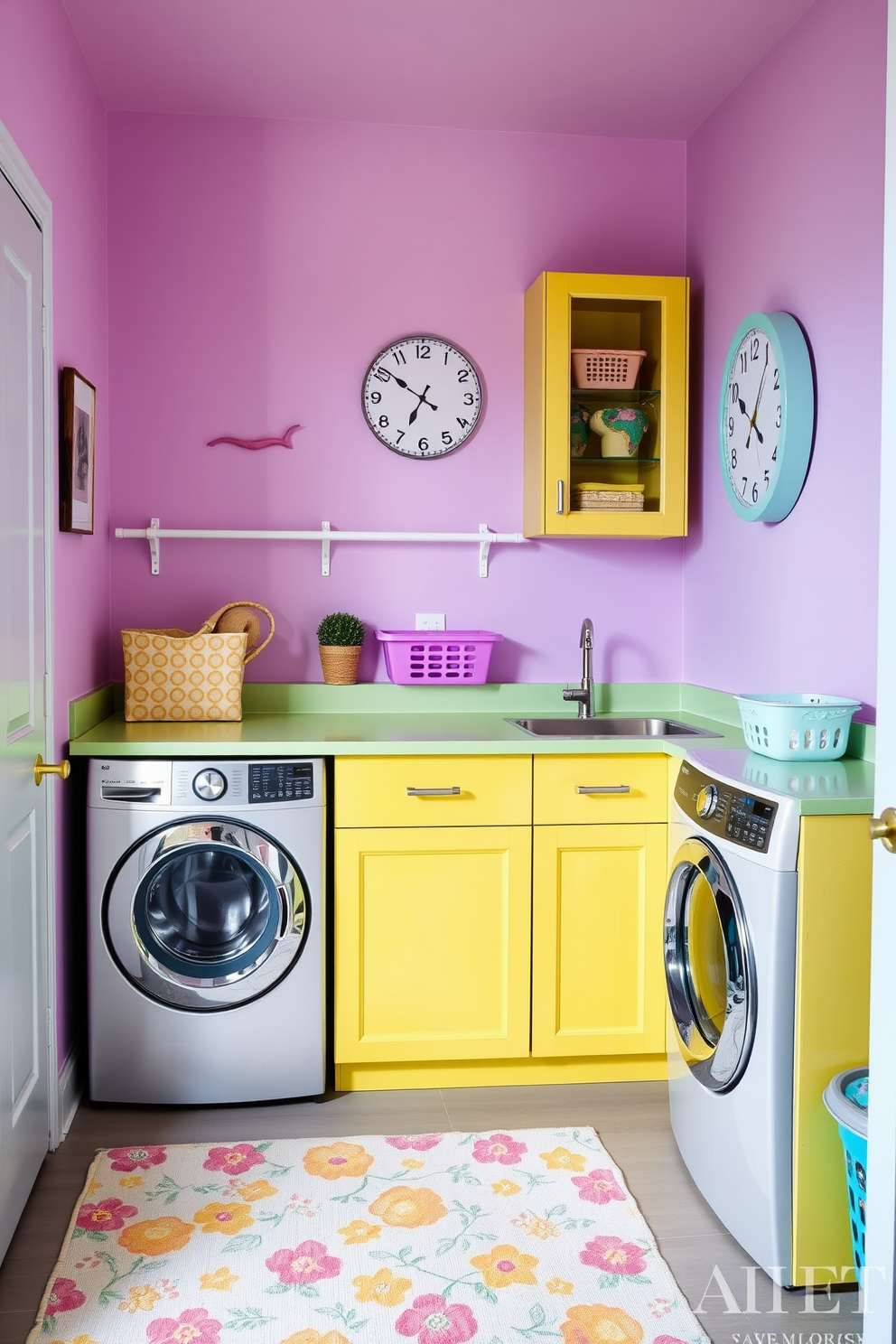 Create a vibrant laundry room filled with cheerful pastel colors. The walls are painted in a soft lavender, complemented by bright yellow cabinets and a mint green countertop. Add playful decor elements like a quirky wall clock and colorful laundry baskets. A cheerful rug with a floral pattern lies on the floor, enhancing the fun atmosphere of the space.