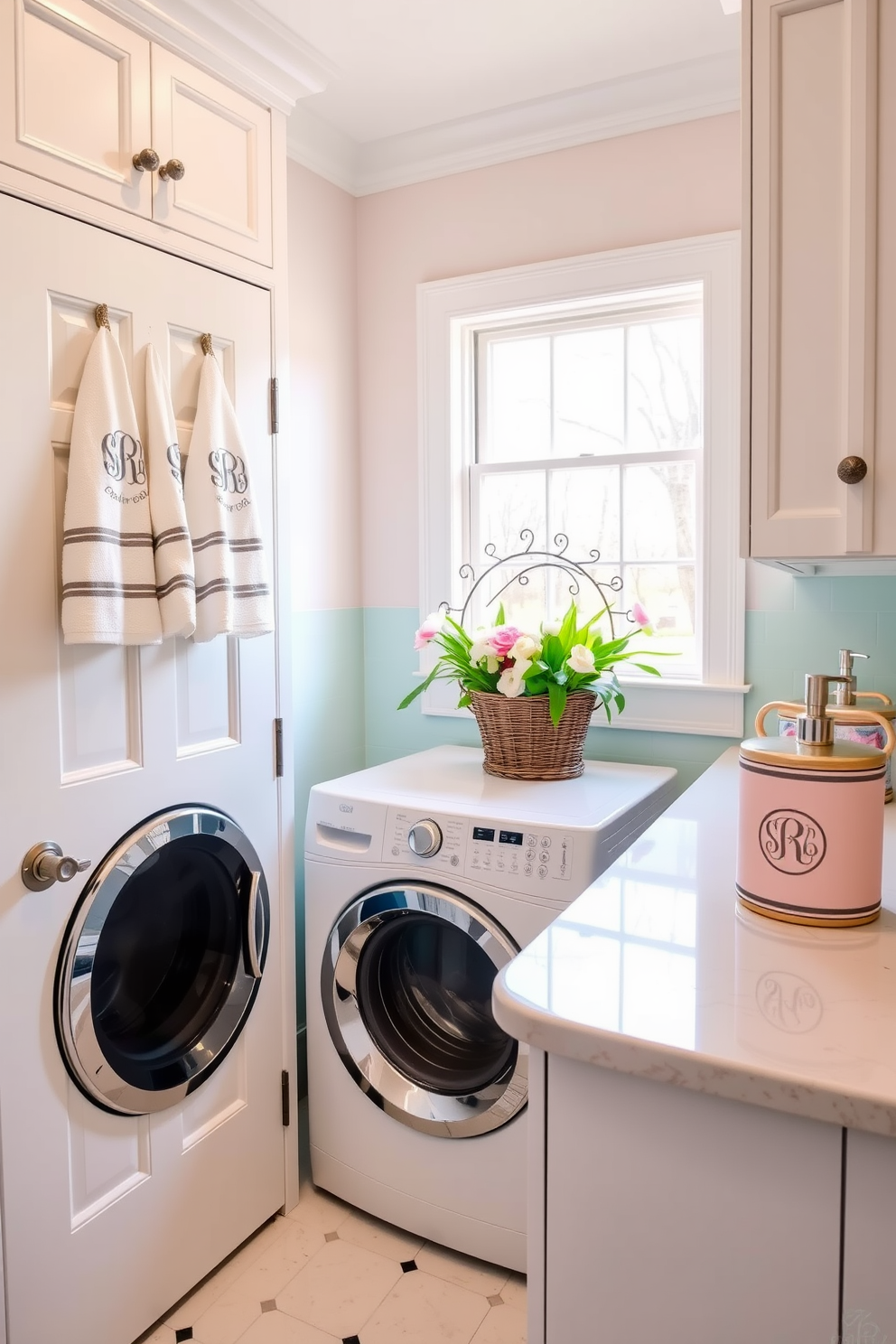 A bright and cheerful laundry room with pastel-colored walls and white cabinetry. The room features a vintage-style washer and dryer set, accented by personalized monogrammed towels hanging on the door. A large window allows natural light to flood the space, illuminating a decorative basket filled with fresh spring flowers. A stylish countertop is adorned with a chic soap dispenser and a personalized laundry basket, adding a touch of elegance to the room.