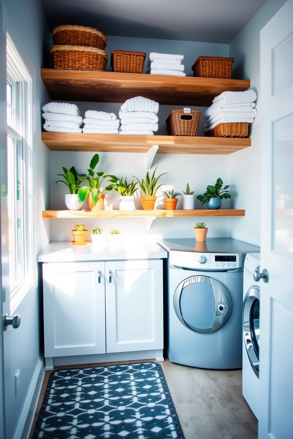 A bright and airy laundry room features open shelving made of reclaimed wood, showcasing neatly folded towels and decorative baskets. The walls are painted in a soft pastel blue, and a vintage-style washing machine adds charm to the space. A large window allows natural light to flood in, illuminating a cheerful arrangement of potted plants on the shelves. A stylish rug in a geometric pattern lies on the floor, adding warmth and texture to the room.