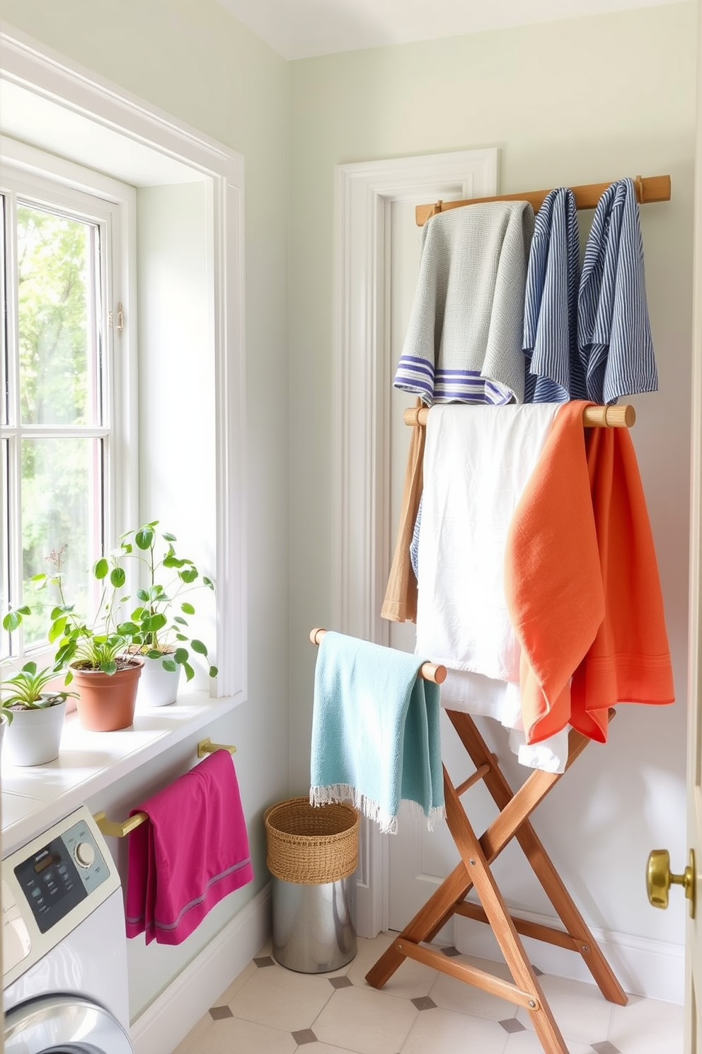 A bright and airy laundry room filled with natural light. The walls are painted in a soft pastel hue, and decorative hooks made of brushed brass are mounted on the wall for hanging colorful towels. A vintage wooden drying rack stands in the corner, adorned with freshly laundered linens. Potted plants on the windowsill add a touch of greenery, enhancing the cheerful atmosphere of the space.