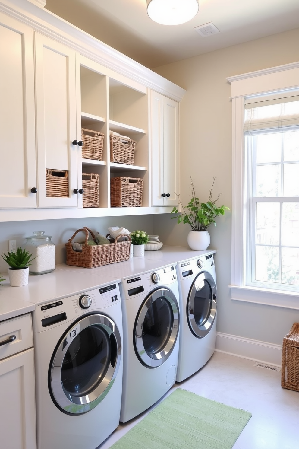 A bright and airy laundry room designed for spring. The space features white cabinetry with open shelving, adorned with wicker baskets for organization and storage. Fresh green accents are incorporated through potted plants and decorative items. Natural light floods the room through a large window, creating a cheerful and inviting atmosphere.