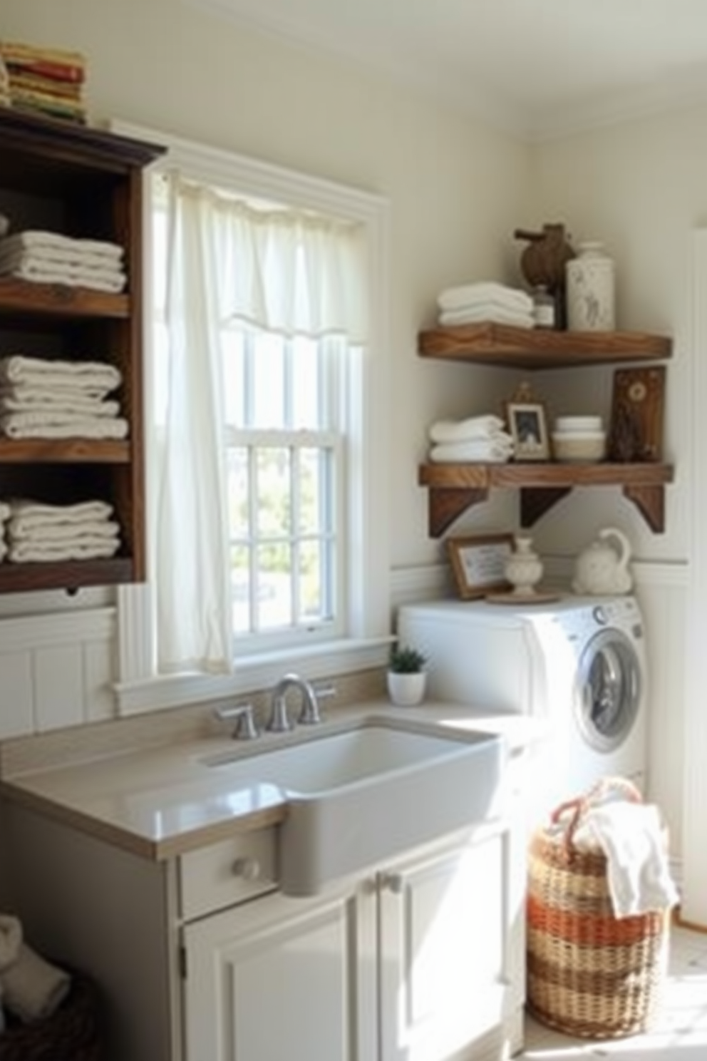 A charming laundry room featuring a farmhouse style sink with a large apron front. The space is decorated with open shelving made of reclaimed wood, displaying neatly folded towels and vintage laundry accessories. Light floods the room through a large window adorned with soft, white curtains. The walls are painted in a light, airy color, and a woven basket sits beside the sink for collecting laundry.