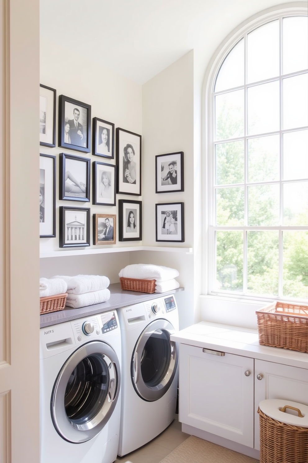 A bright and airy laundry room features a large window that floods the space with natural light. The walls are painted in a soft pastel color, creating a cheerful atmosphere. On one wall, a gallery of framed artwork adds visual interest and personality to the room. Decorative shelves display neatly folded towels and stylish storage baskets, enhancing both functionality and aesthetics.