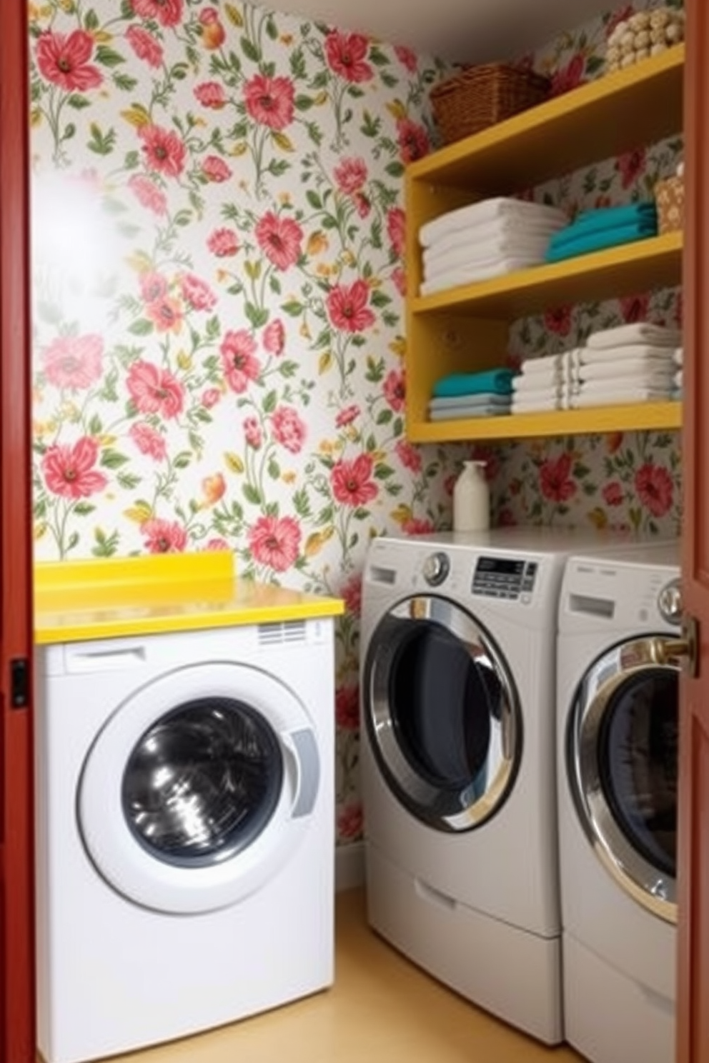 A cheerful laundry room adorned with vibrant floral wallpaper that brings a sense of freshness and joy. The space features a functional washing machine and dryer, complemented by a bright yellow countertop and open shelving displaying neatly folded towels and laundry supplies.