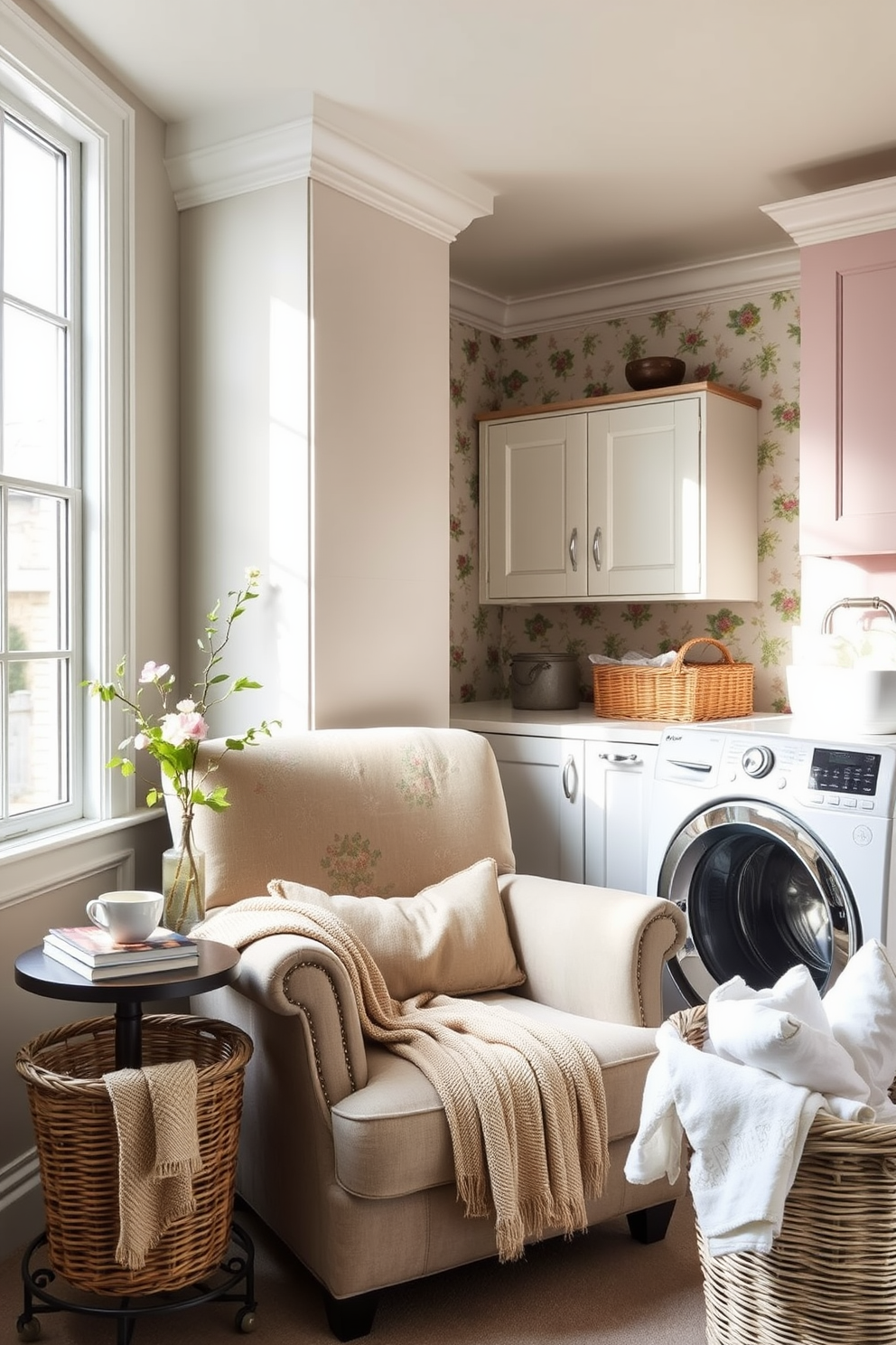 A cozy reading nook features a plush armchair upholstered in soft fabric, nestled in the corner by a large window that allows natural light to flood the space. A small side table holds a steaming cup of tea and a stack of well-loved books, while a warm throw blanket drapes over the arm of the chair. The spring laundry room is bright and cheerful, with pastel-colored cabinets and floral wallpaper that brings a touch of nature indoors. A vintage wash basin sits beside a modern washer and dryer, and a wicker basket filled with fresh linens adds a charming, homey feel.