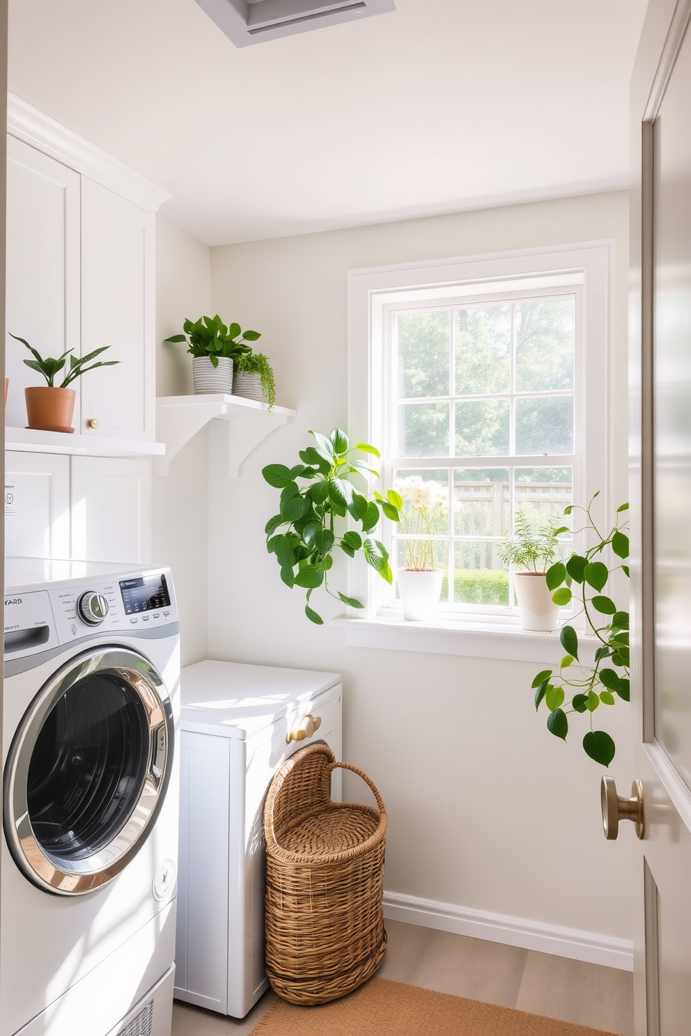 A bright and airy laundry room filled with natural light. There are open shelves adorned with potted plants, creating a fresh and inviting atmosphere. The walls are painted in a soft pastel color, complementing the white cabinetry. A stylish wicker basket sits in the corner, adding warmth and functionality to the space.