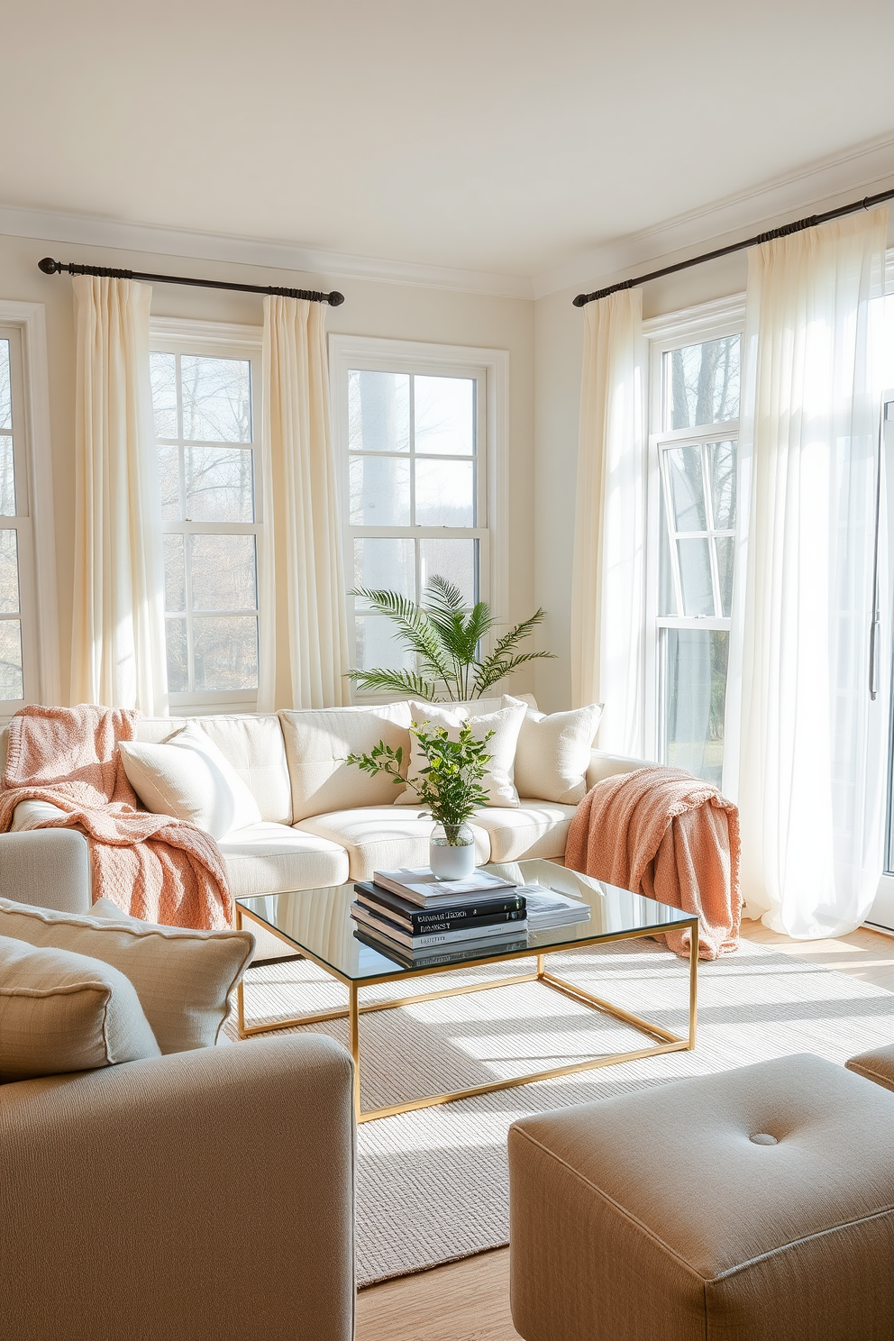 A bright and airy living room filled with natural light. The space features a cozy sofa adorned with soft blankets in various textures, complemented by a mix of pastel-colored cushions. A stylish coffee table sits at the center, topped with a few decorative books and a small potted plant. Large windows draped with sheer curtains allow for a gentle breeze, enhancing the fresh spring atmosphere.