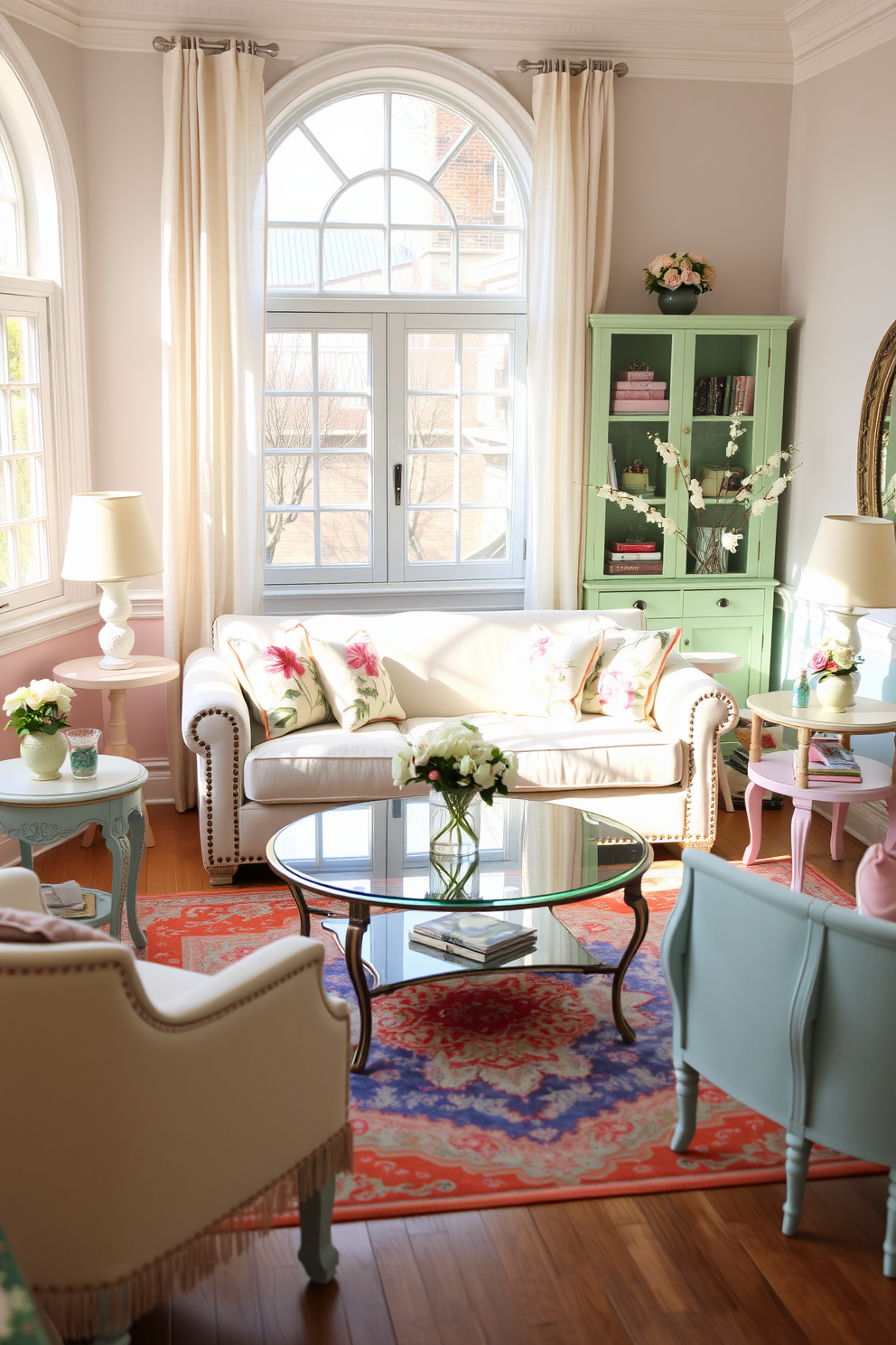 A cozy spring living room filled with light. The furniture is painted in soft pastel shades of pink, blue, and mint green, creating a fresh and inviting atmosphere. A plush sofa is adorned with floral-patterned cushions. A glass coffee table sits in the center, surrounded by delicate side tables and a vibrant area rug.