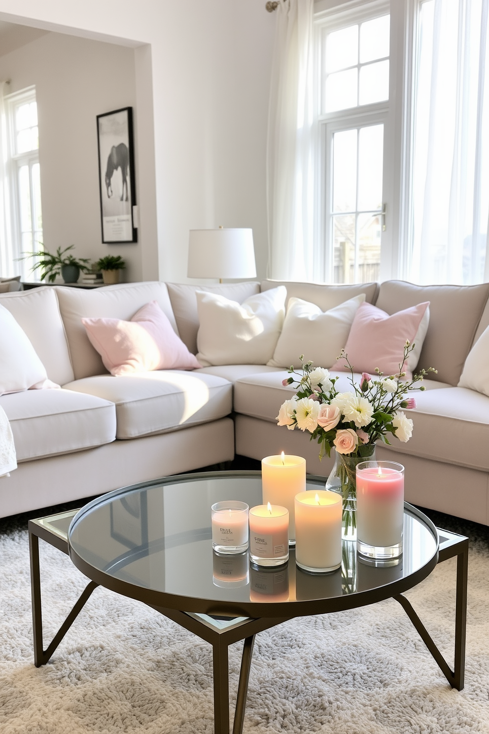 A bright and airy living room filled with natural light. The space features a comfortable sectional sofa adorned with pastel-colored throw pillows and a soft area rug underneath. In one corner, a stylish coffee table holds a collection of spring-scented candles in various sizes, creating a cozy ambiance. Fresh flowers in a vase sit beside the candles, adding a touch of nature to the decor.