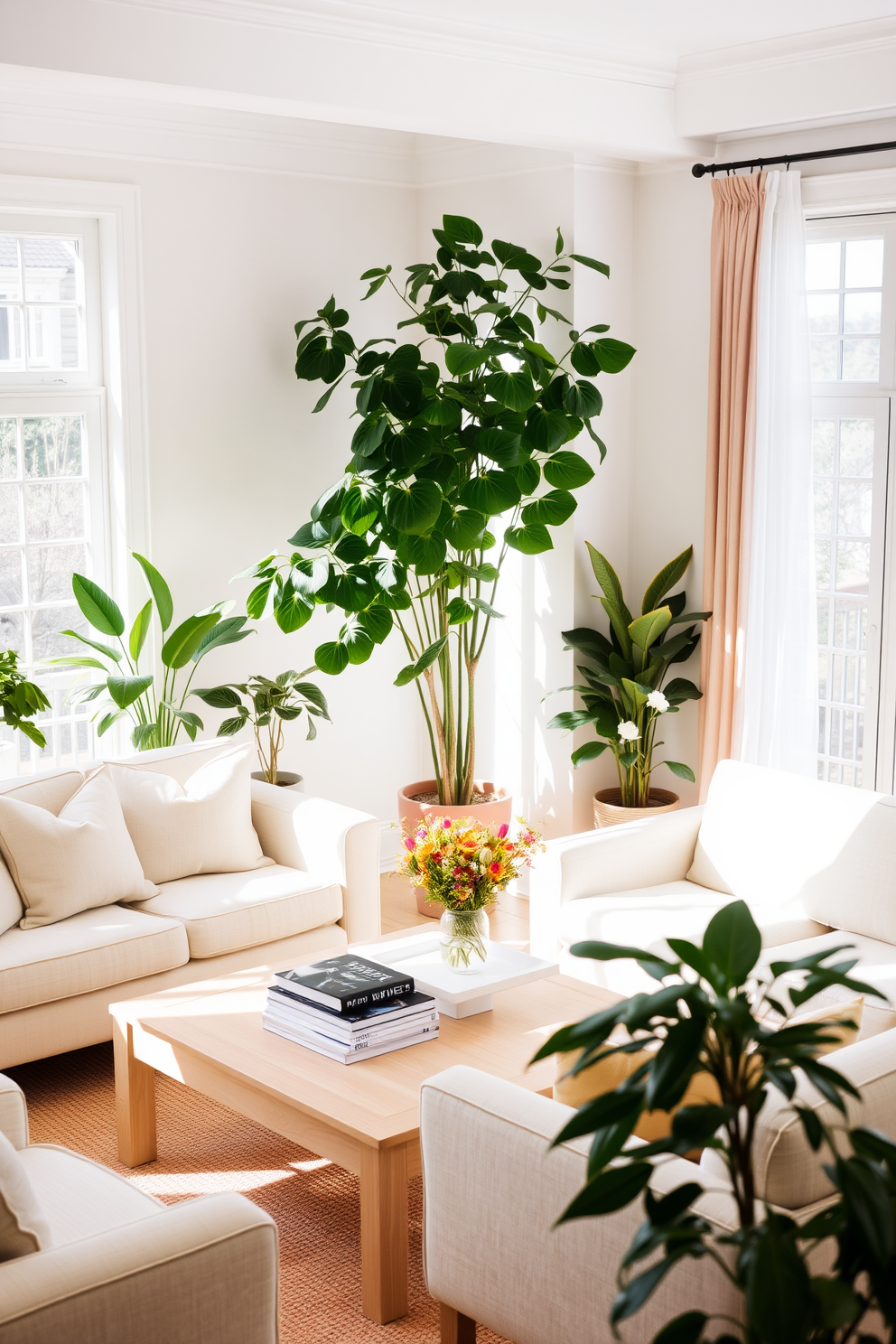 A bright and airy living room filled with natural light. Lush potted plants in various sizes are strategically placed around the space, adding a fresh and vibrant touch. The furniture features a soft pastel color palette with a comfortable sofa and accent chairs. A light wooden coffee table sits in the center, adorned with a few decorative books and a small vase of seasonal flowers.