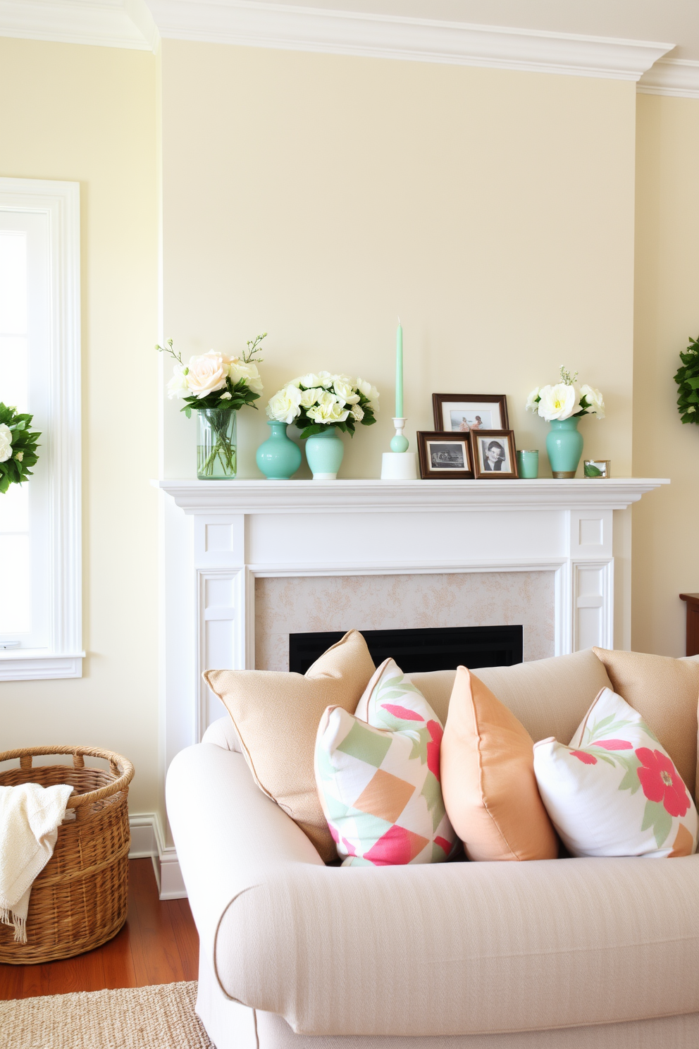 A bright and airy living room featuring a beautifully styled mantel adorned with fresh spring decor. The mantel is decorated with pastel-colored vases filled with blooming flowers, complemented by soft green candles and a few framed family photos. The walls are painted in a light cream hue, creating a warm backdrop for the decor. A cozy beige sofa with colorful throw pillows invites relaxation, while a woven basket holds a cozy blanket nearby.