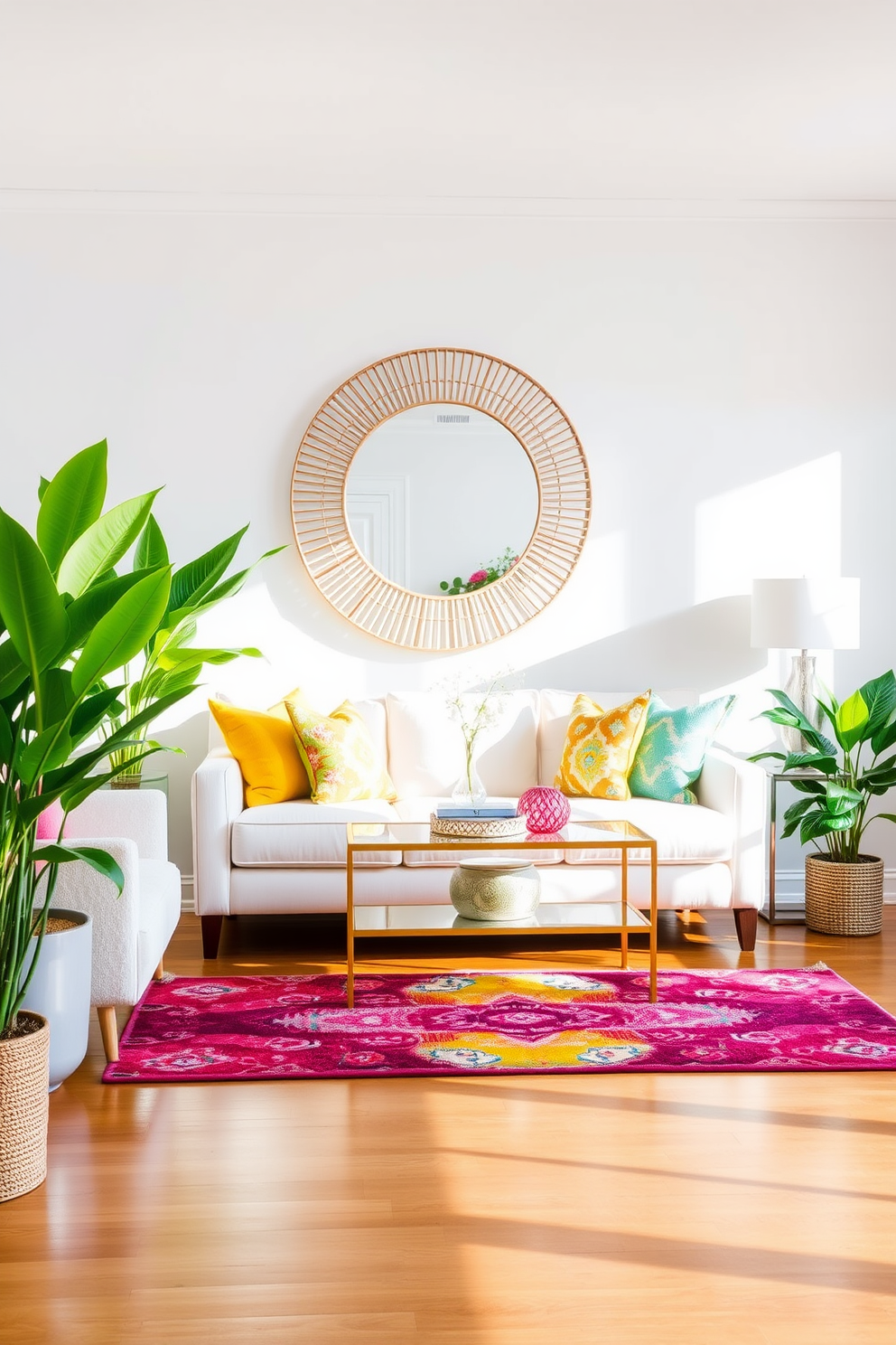 A bright and airy living room adorned with fresh spring decor. The space features a comfortable sofa in soft pastels with colorful throw pillows that evoke the essence of spring. A large decorative mirror hangs above a stylish console table, reflecting natural light and enhancing the room's brightness. Lush green plants are placed in the corners, and a vibrant area rug adds warmth to the polished wooden floor.