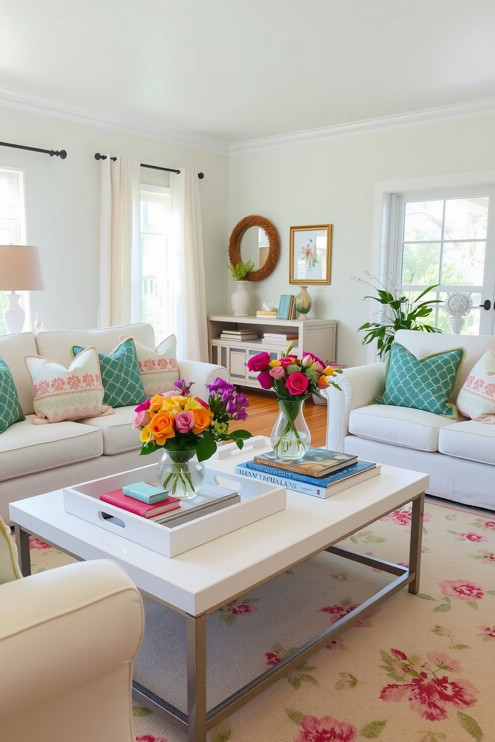 A bright and airy living room filled with fresh spring decor. There are decorative trays on the coffee table, showcasing vibrant flowers and stylish books for an organized yet inviting atmosphere. The walls are painted in a soft pastel hue, complemented by plush white sofas adorned with colorful throw pillows. A large area rug with floral patterns anchors the space, while light curtains flutter gently in the breeze, allowing natural light to fill the room.