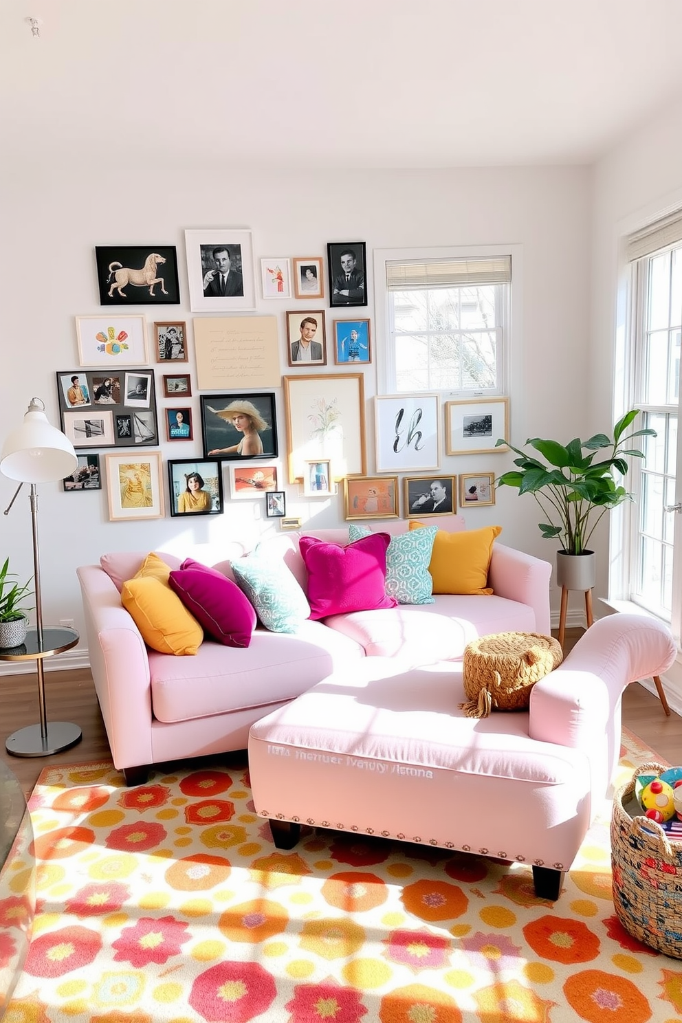 A bright and airy living room filled with natural light. The space features a plush pastel sofa adorned with colorful throw pillows and a whimsical patterned area rug. A gallery wall showcases an eclectic mix of art pieces and framed photographs. Playful decorative accents like a quirky floor lamp and a cheerful potted plant add a touch of whimsy to the decor.