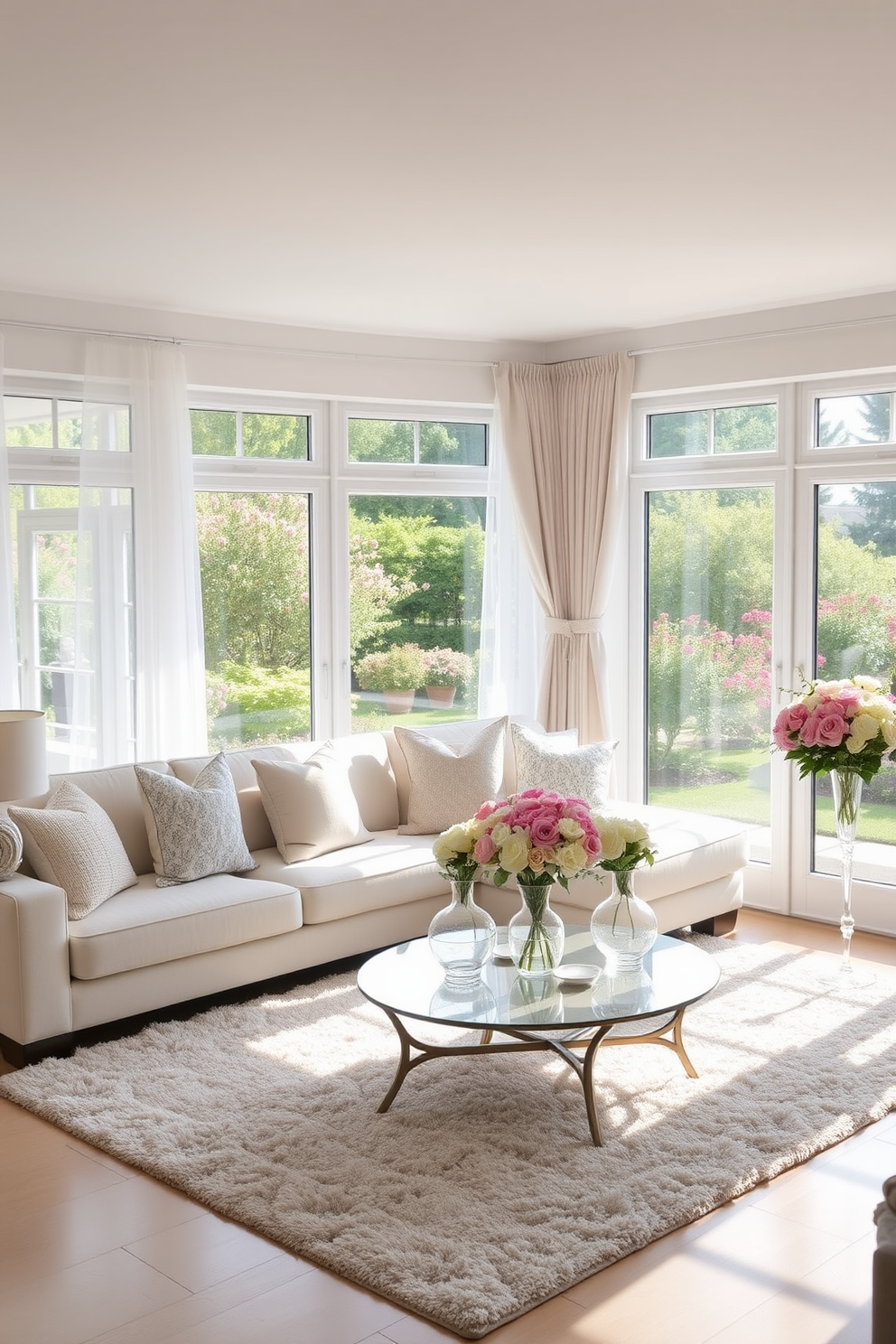 A bright and airy living room filled with natural light. The space features a comfortable sectional sofa adorned with pastel throw pillows and a soft area rug underneath. Fresh flowers in elegant vases are placed on the coffee table and side tables, adding a pop of color. Large windows draped with sheer curtains offer a view of a blooming garden outside.