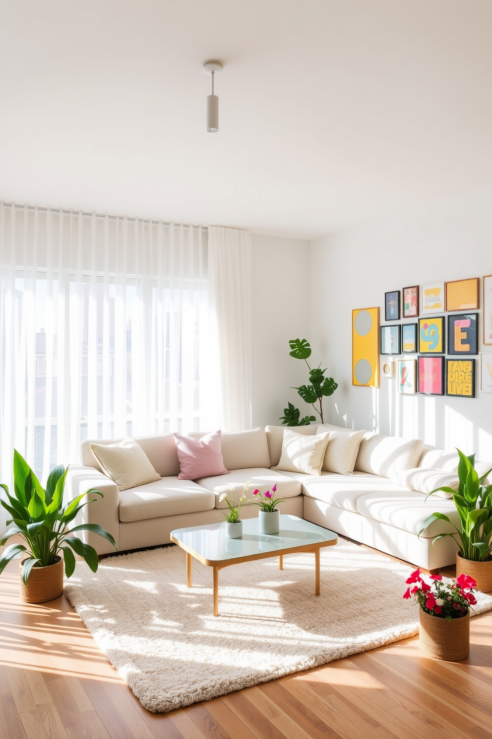 A bright and airy living room filled with natural light. The space features a large window dressed with sheer white curtains, allowing sunlight to flood in and illuminate the light-colored walls. In the center, a comfortable sectional sofa is adorned with pastel-colored throw pillows. A stylish coffee table sits on a soft area rug, surrounded by vibrant houseplants that bring a touch of spring indoors. The ceiling is adorned with modern light fixtures that enhance the brightness of the room. A cheerful gallery wall showcases colorful artwork, adding personality and charm to the space.