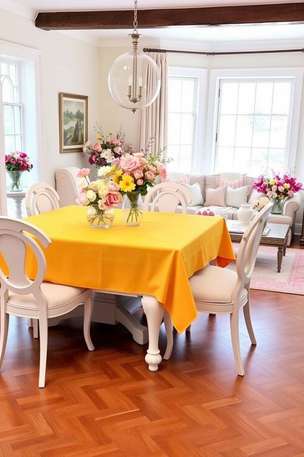 A bright tablecloth adorns the dining table, adding a vibrant pop of color to the space. Surrounding the table are elegant chairs that complement the cheerful atmosphere, making it perfect for spring gatherings. In the living room, fresh floral arrangements are placed strategically to enhance the seasonal vibe. Soft pastel cushions and throws are layered on the sofa, inviting relaxation and warmth.