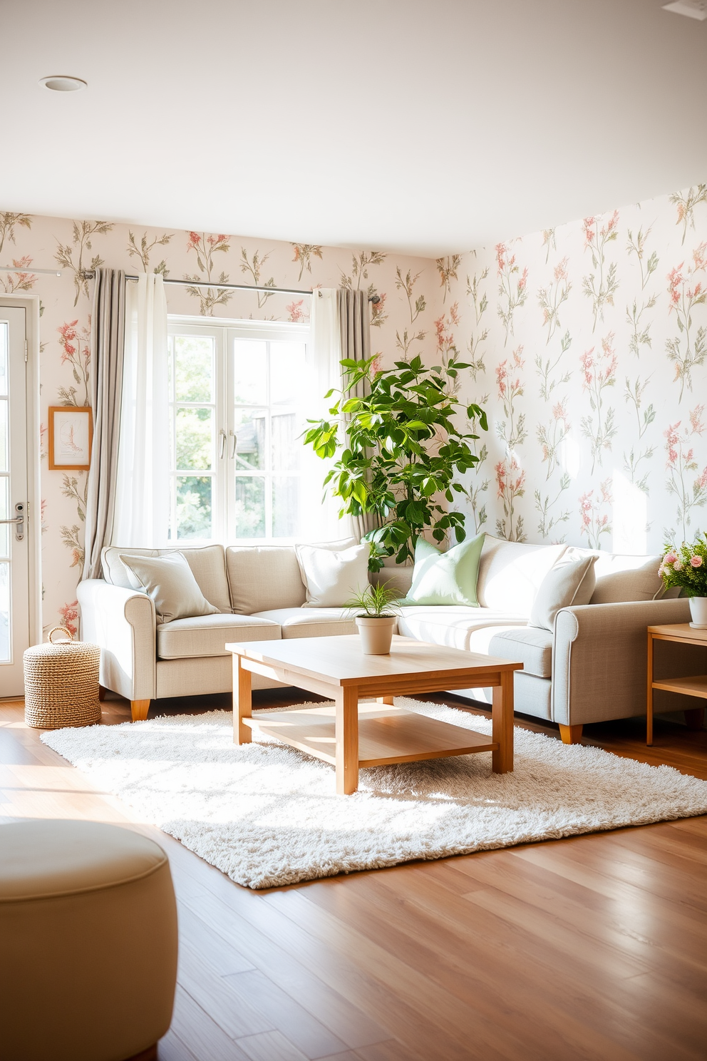 A bright and airy living room adorned with nature-inspired wallpaper featuring delicate floral patterns. The space is filled with natural light, highlighting a comfortable sofa dressed in soft pastel cushions and a light wooden coffee table at its center. A large potted plant sits in the corner, adding a vibrant touch of greenery to the room. The floor is covered with a plush area rug that complements the color scheme, creating a cozy atmosphere perfect for spring.