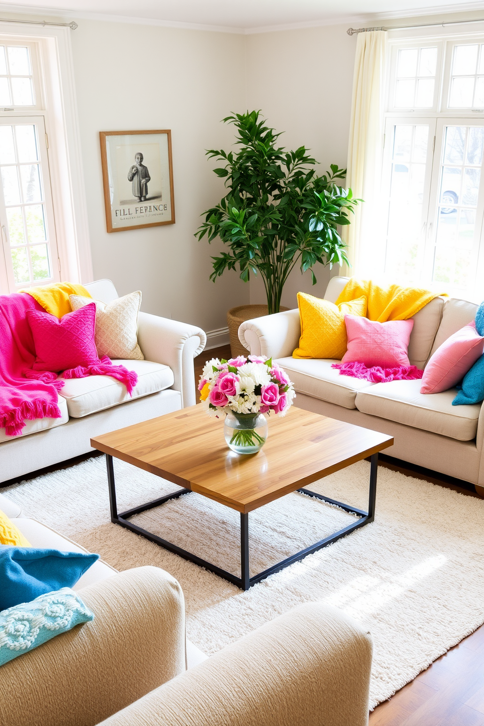 A bright and inviting spring living room filled with natural light. Plush sofas are adorned with colorful throw blankets in vibrant hues of yellow, pink, and blue, creating a cheerful atmosphere. A large coffee table sits at the center, topped with fresh flowers in a glass vase. The walls are painted in a soft pastel shade, and a cozy area rug adds warmth to the space.