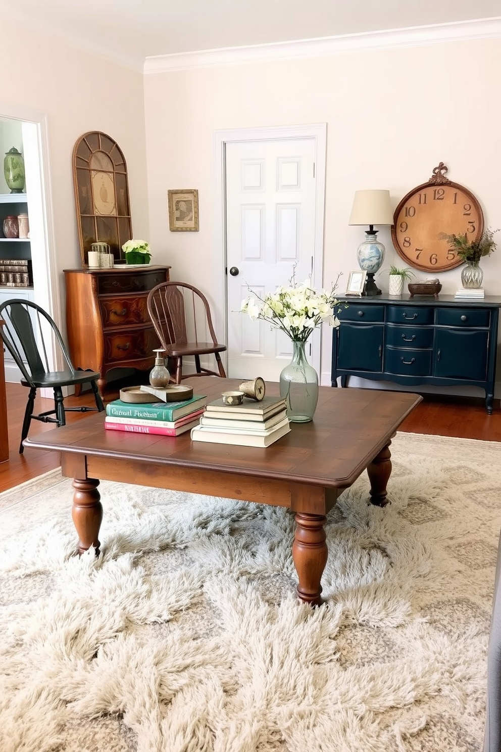 A cozy spring living room filled with vintage finds that showcase unique decor elements. A weathered wooden coffee table is adorned with a collection of antique books and a delicate floral arrangement in a vintage vase. The walls are painted in soft pastel hues, creating a warm and inviting atmosphere. A plush, patterned area rug anchors the space, while mismatched vintage chairs provide comfortable seating around the table.