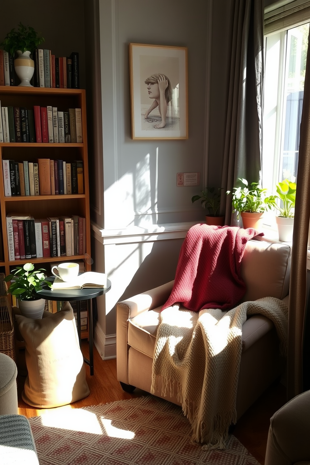 A cozy reading nook is nestled in a sunlit corner of the living room. It features a plush armchair upholstered in soft fabric, accompanied by a small side table holding a steaming cup of tea. Surrounding the nook are shelves filled with books and a few potted plants that add a touch of greenery. A warm throw blanket is draped over the armchair, inviting you to curl up and enjoy a good book.