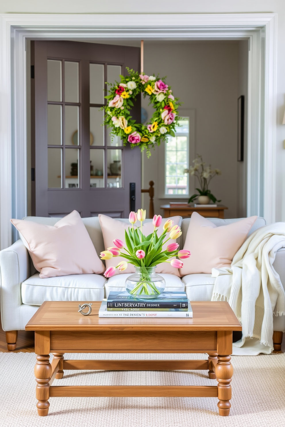 A bright and airy living room adorned with fresh spring decor. A seasonal wreath made of vibrant flowers and greenery hangs on the front door, welcoming guests with a touch of nature. Inside, a comfortable sofa is dressed in pastel-colored cushions, and a light linen throw is draped over the armrest. A coffee table in the center is adorned with a bouquet of tulips and a stack of design books, creating a cozy focal point.